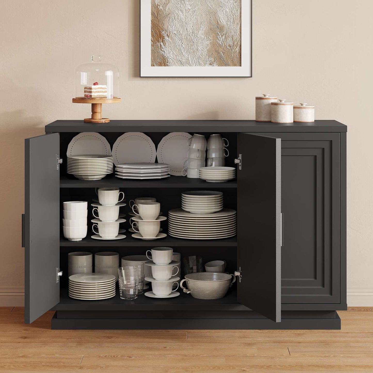 SUCSSRICH 46.3 Inch Buffet Cabinet with Storage Sideboard Buffet Kitchen Cabinet with 3 Doors and 3 Shelves Wood Coffee Bar Table