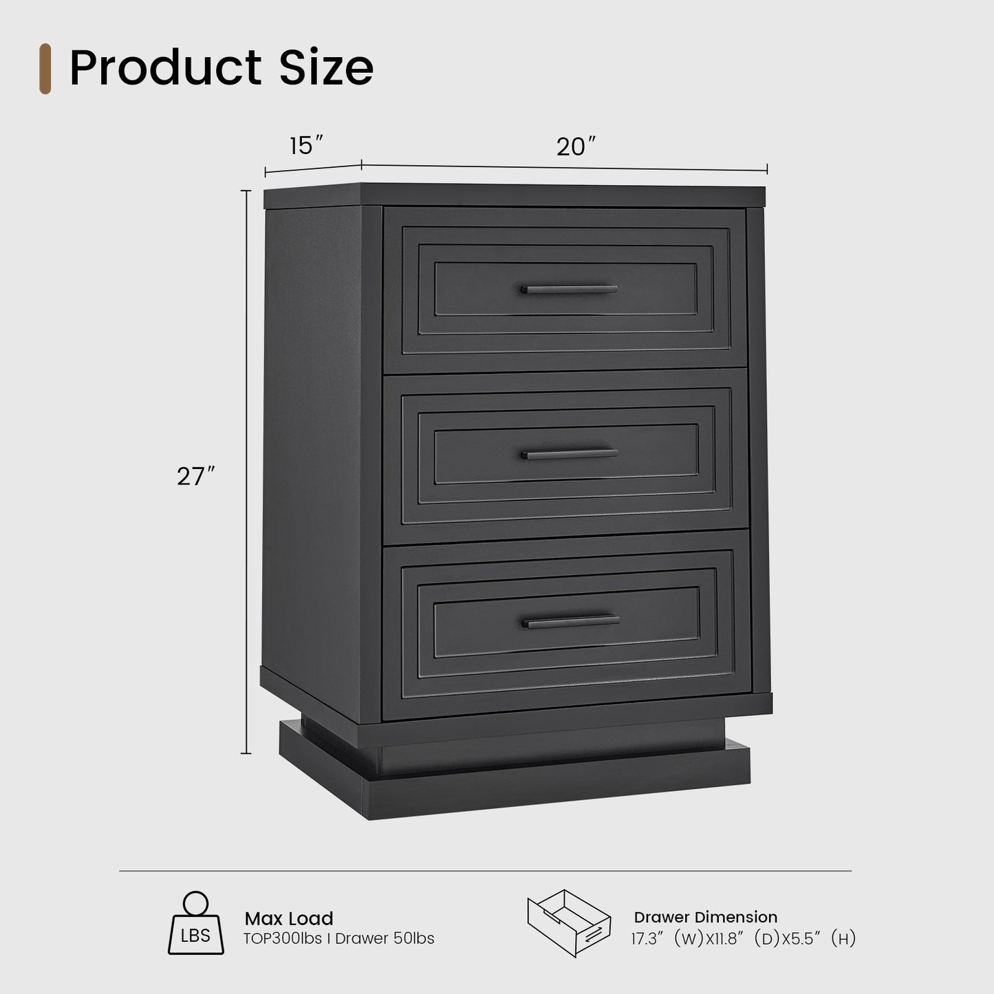 SUCSSRICH 20 Inch Nightstand with 3 Drawers Bedside Table for Bedroom with Metal Handle Wood Modern End Tables