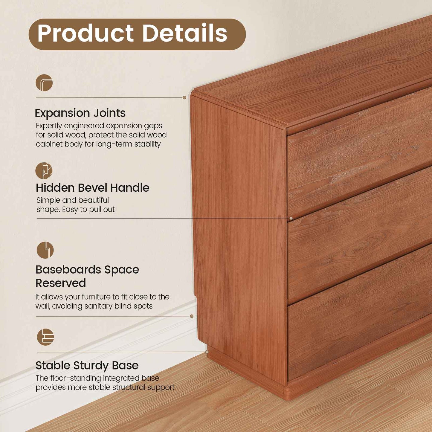 SUCSSRICH 55.2 Inch Solid Wood Dresser with 6 Drawers Natural Solid Wood Wide Dresser for Living Room Bedroom