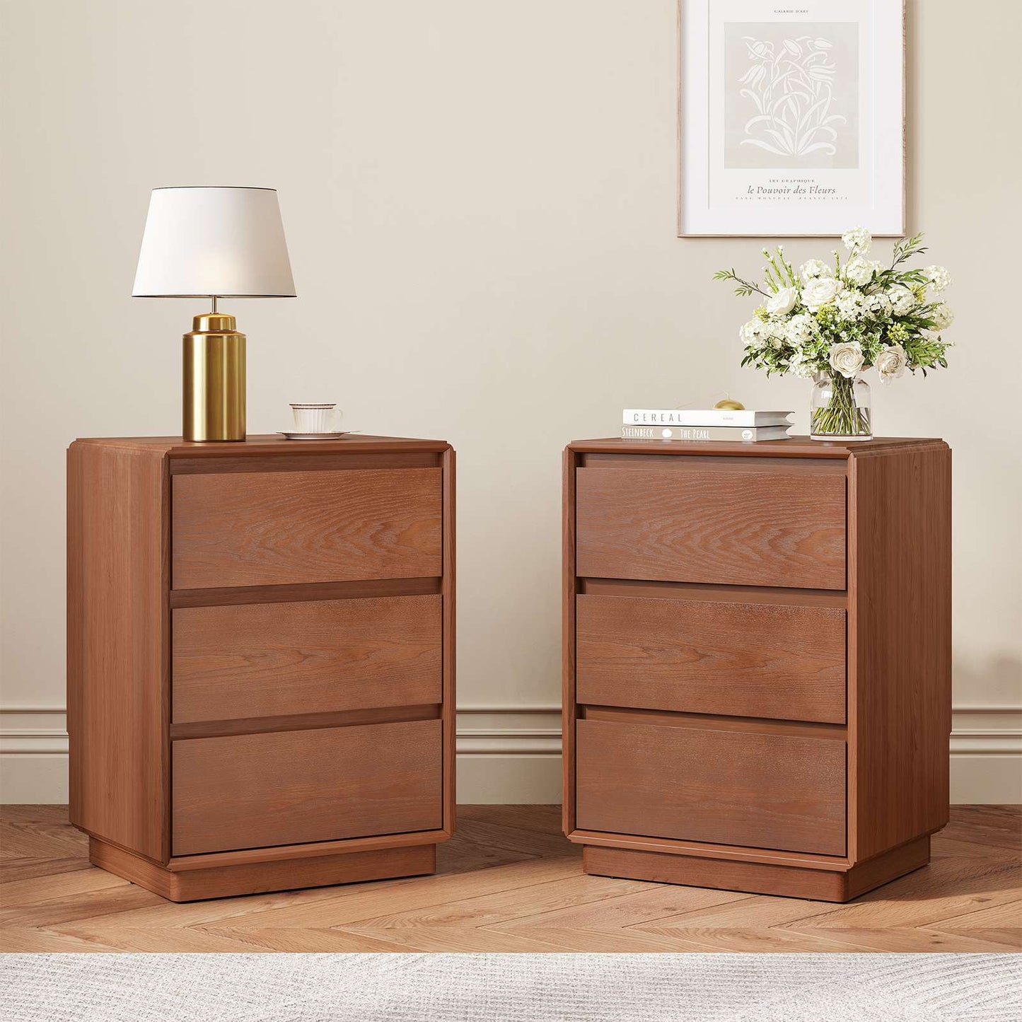 SUCSSRICH 25.8 Inch Solid Wood Nightstand with 3 Drawers Natural Wood Night Stand Mid Century Modern Nightstand with Storage