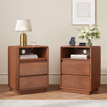 SUCSSRICH 25.8 Inch Solid Wood Nightstand with 2 Drawers and with Charging Station Natural Wood Night Stand Bedside Table