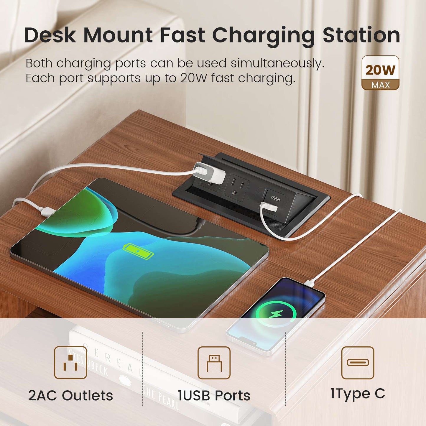 SUCSSRICH 25.8 Inch Solid Wood Nightstand with 2 Drawers and with Charging Station Natural Wood Night Stand Bedside Table