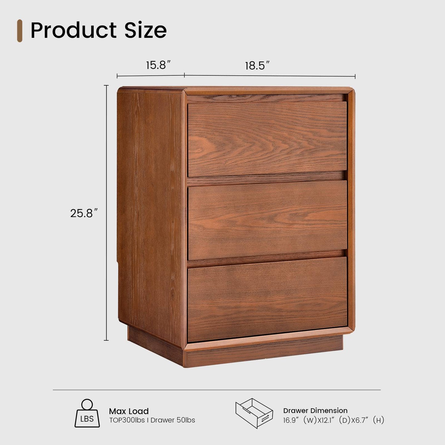 SUCSSRICH 25.8 Inch Solid Wood Nightstand with 3 Drawers Natural Wood Night Stand Mid Century Modern Nightstand with Storage