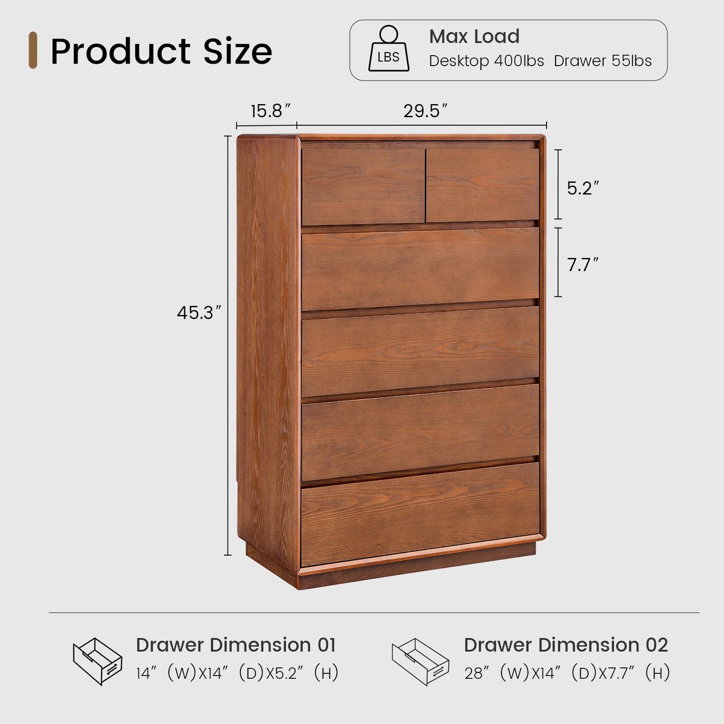 SUCSSRICH 29.5 Inch Solid Wood Dresser with 6 Drawer Natural Solid Wood Tall Dresser for Living Room Bedroom