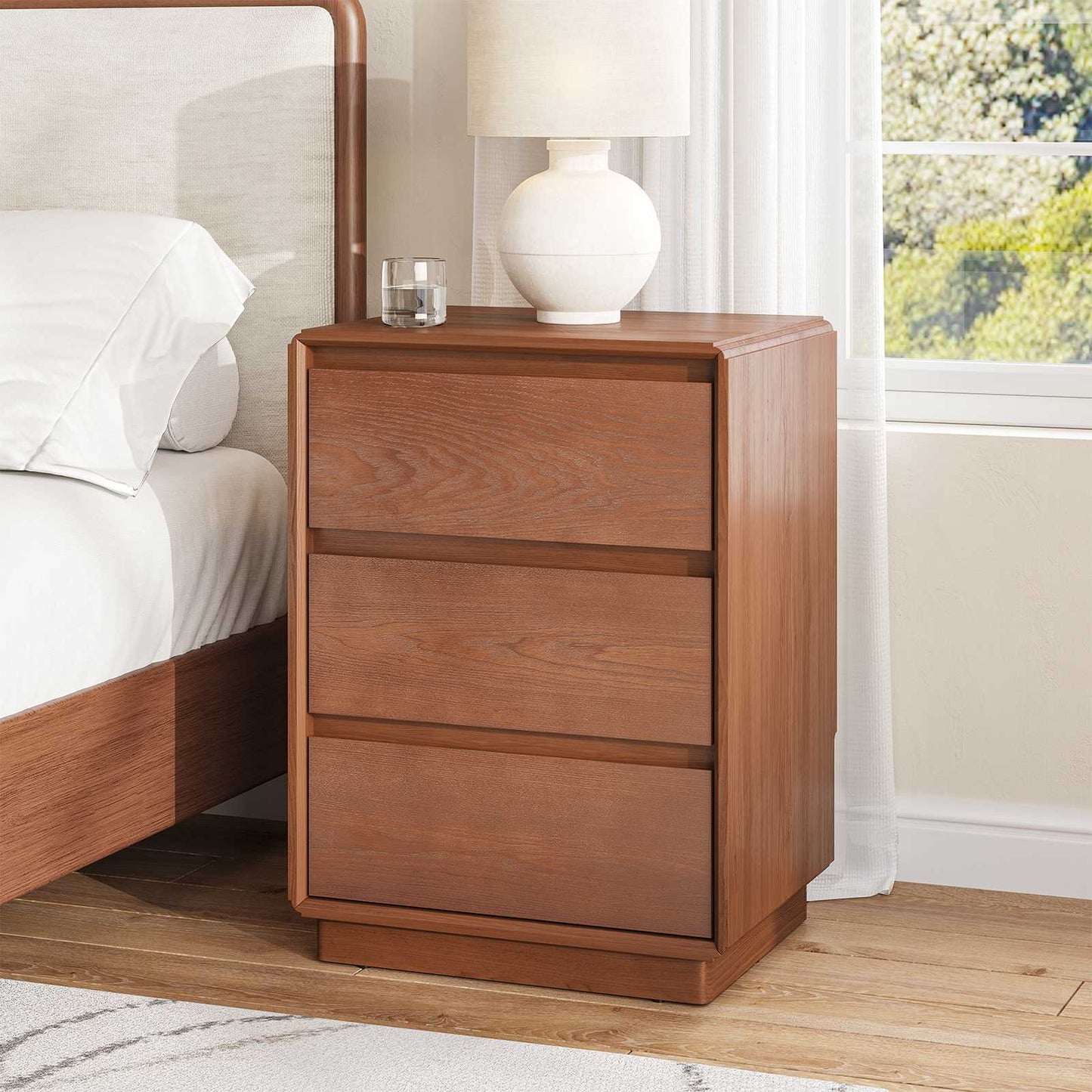 SUCSSRICH 25.8 Inch Solid Wood Nightstand with 3 Drawers Natural Wood Night Stand Mid Century Modern Nightstand with Storage