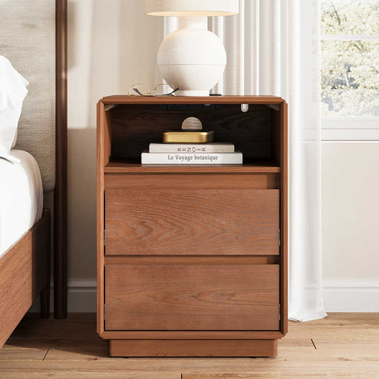 SUCSSRICH 25.8 Inch Solid Wood Nightstand with 2 Drawers and with Charging Station Natural Wood Night Stand Bedside Table