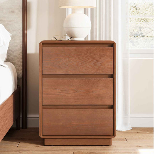 SUCSSRICH 25.8 Inch Solid Wood Nightstand with 3 Drawers Natural Wood Night Stand Mid Century Modern Nightstand with Storage