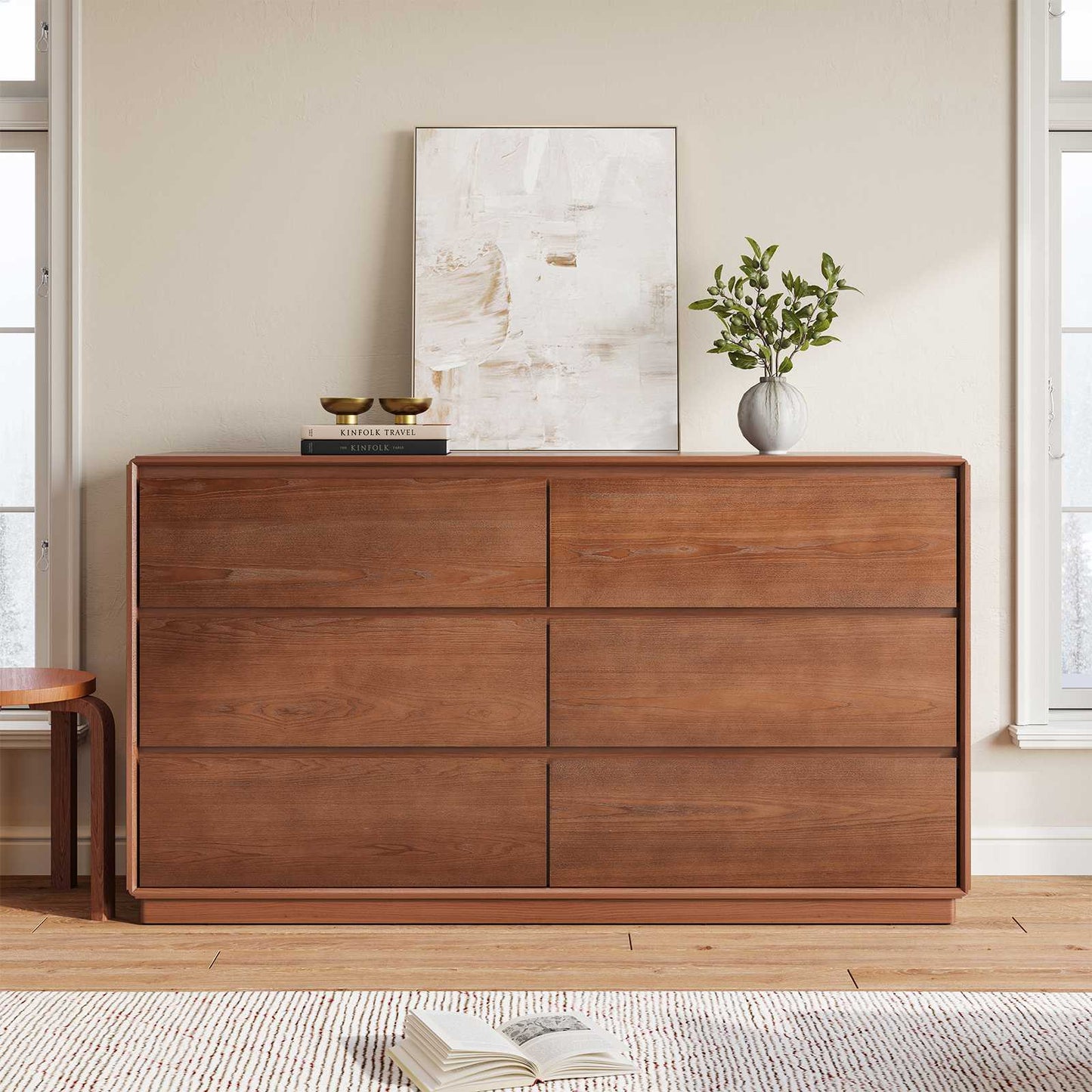 SUCSSRICH 55.2 Inch Solid Wood Dresser with 6 Drawers Natural Solid Wood Wide Dresser for Living Room Bedroom