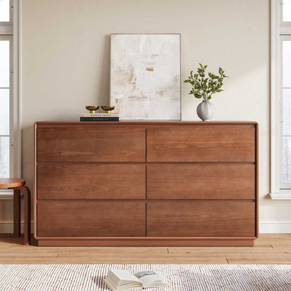 SUCSSRICH 55.2 Inch Solid Wood Dresser with 6 Drawers Natural Solid Wood Wide Dresser for Living Room Bedroom