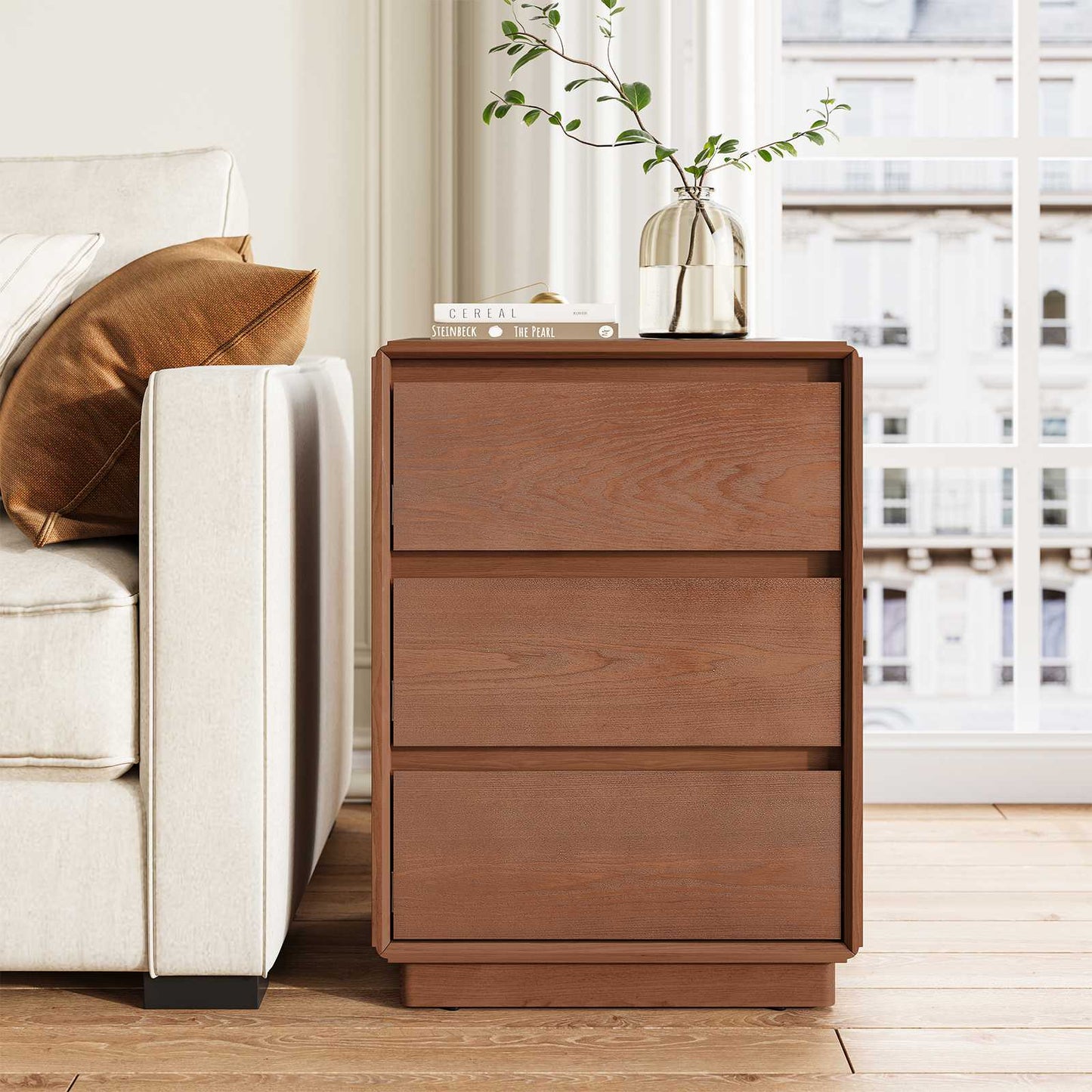 SUCSSRICH 25.8 Inch Solid Wood Nightstand with 3 Drawers Natural Wood Night Stand Mid Century Modern Nightstand with Storage