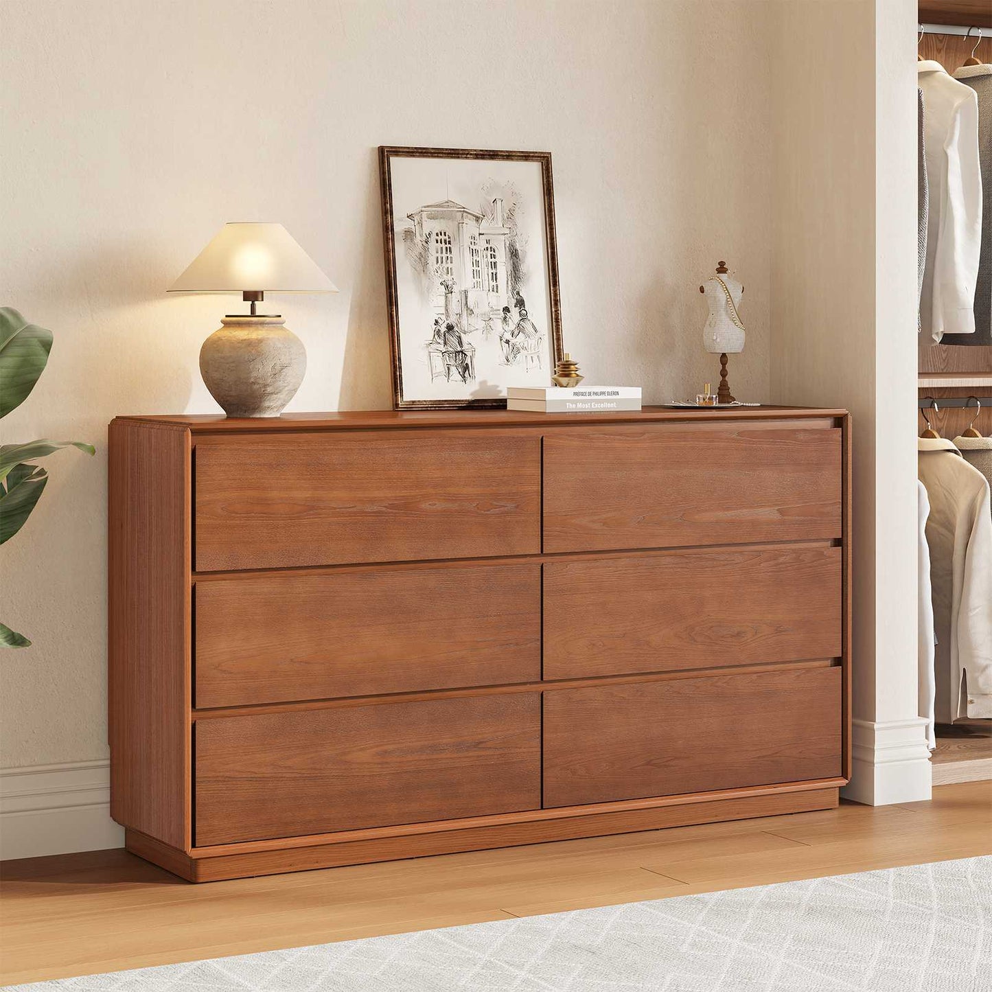 SUCSSRICH 55.2 Inch Solid Wood Dresser with 6 Drawers Natural Solid Wood Wide Dresser for Living Room Bedroom