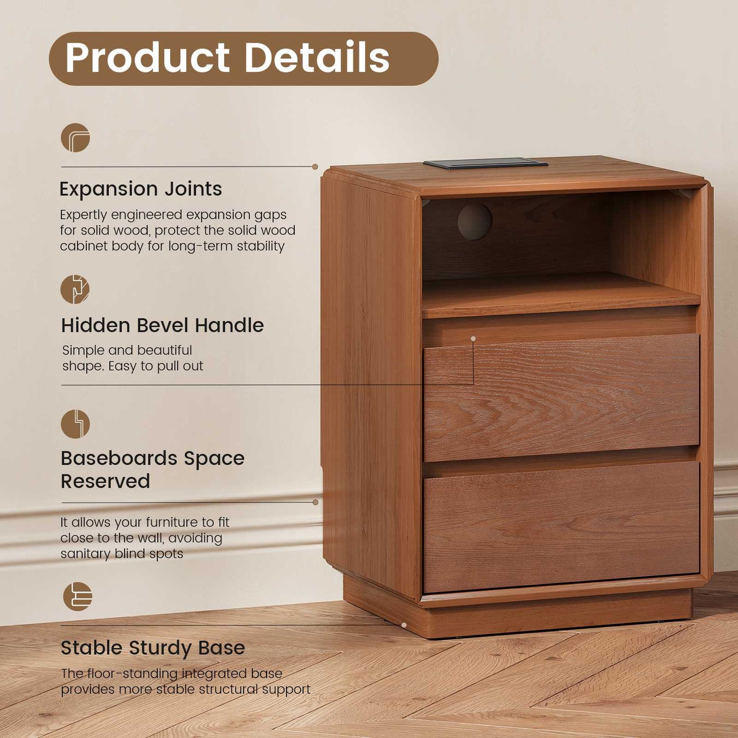 SUCSSRICH 25.8 Inch Solid Wood Nightstand with 2 Drawers and with Charging Station Natural Wood Night Stand Bedside Table