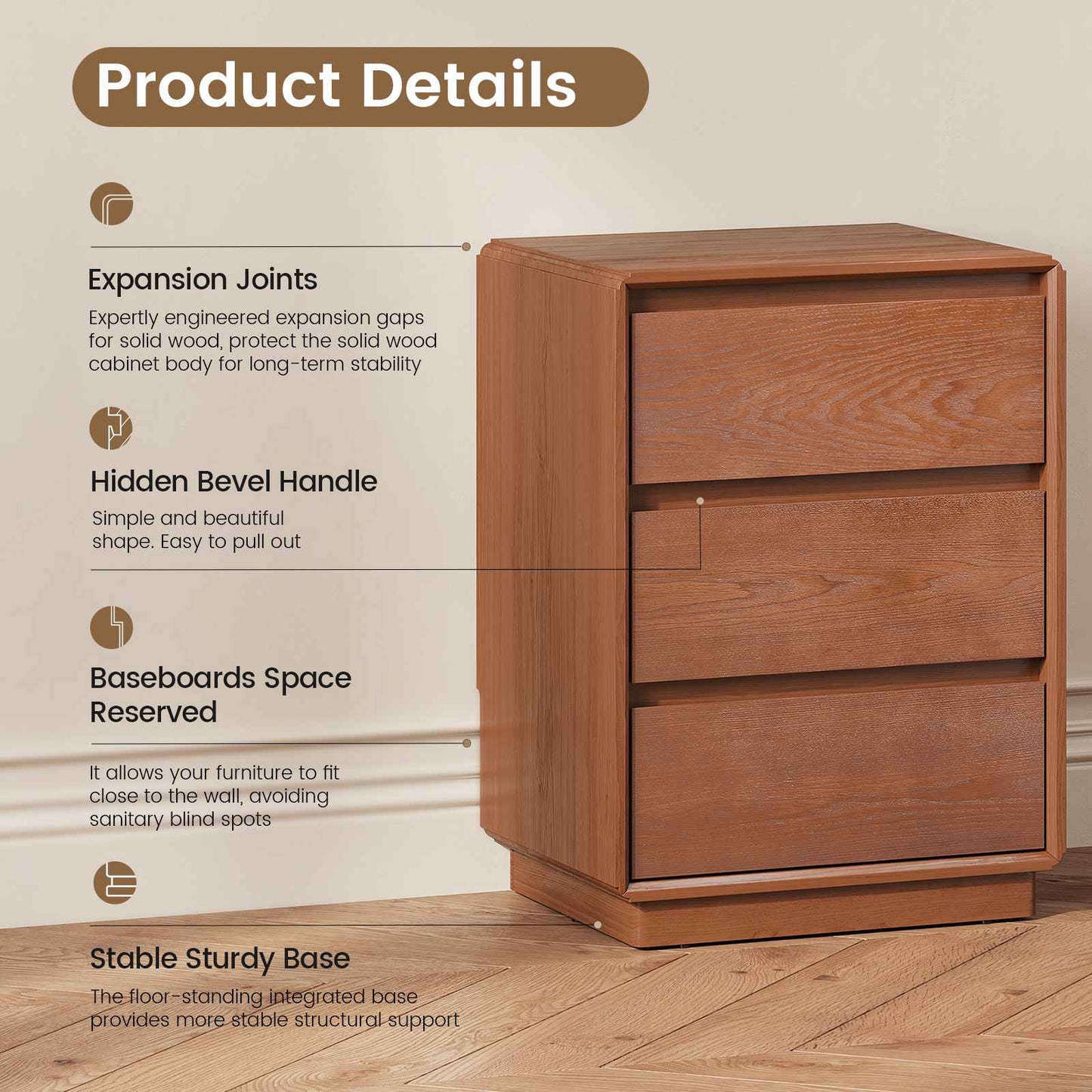 SUCSSRICH 25.8 Inch Solid Wood Nightstand with 3 Drawers Natural Wood Night Stand Mid Century Modern Nightstand with Storage