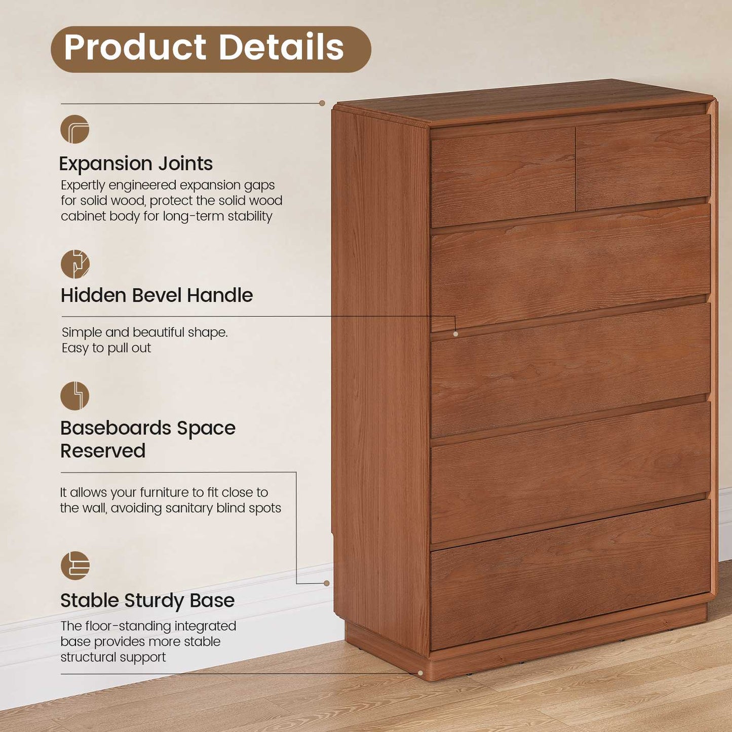 SUCSSRICH 29.5 Inch Solid Wood Dresser with 6 Drawer Natural Solid Wood Tall Dresser for Living Room Bedroom