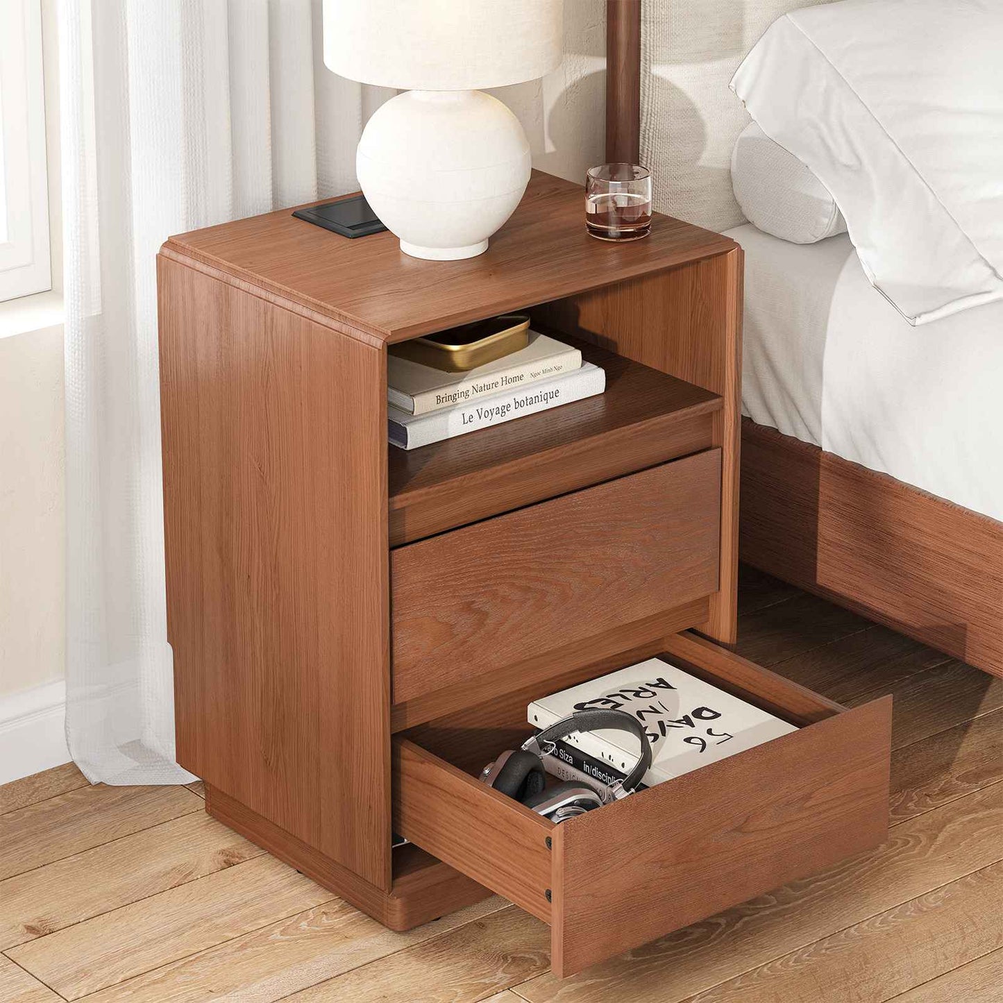 SUCSSRICH 25.8 Inch Solid Wood Nightstand with 2 Drawers and with Charging Station Natural Wood Night Stand Bedside Table