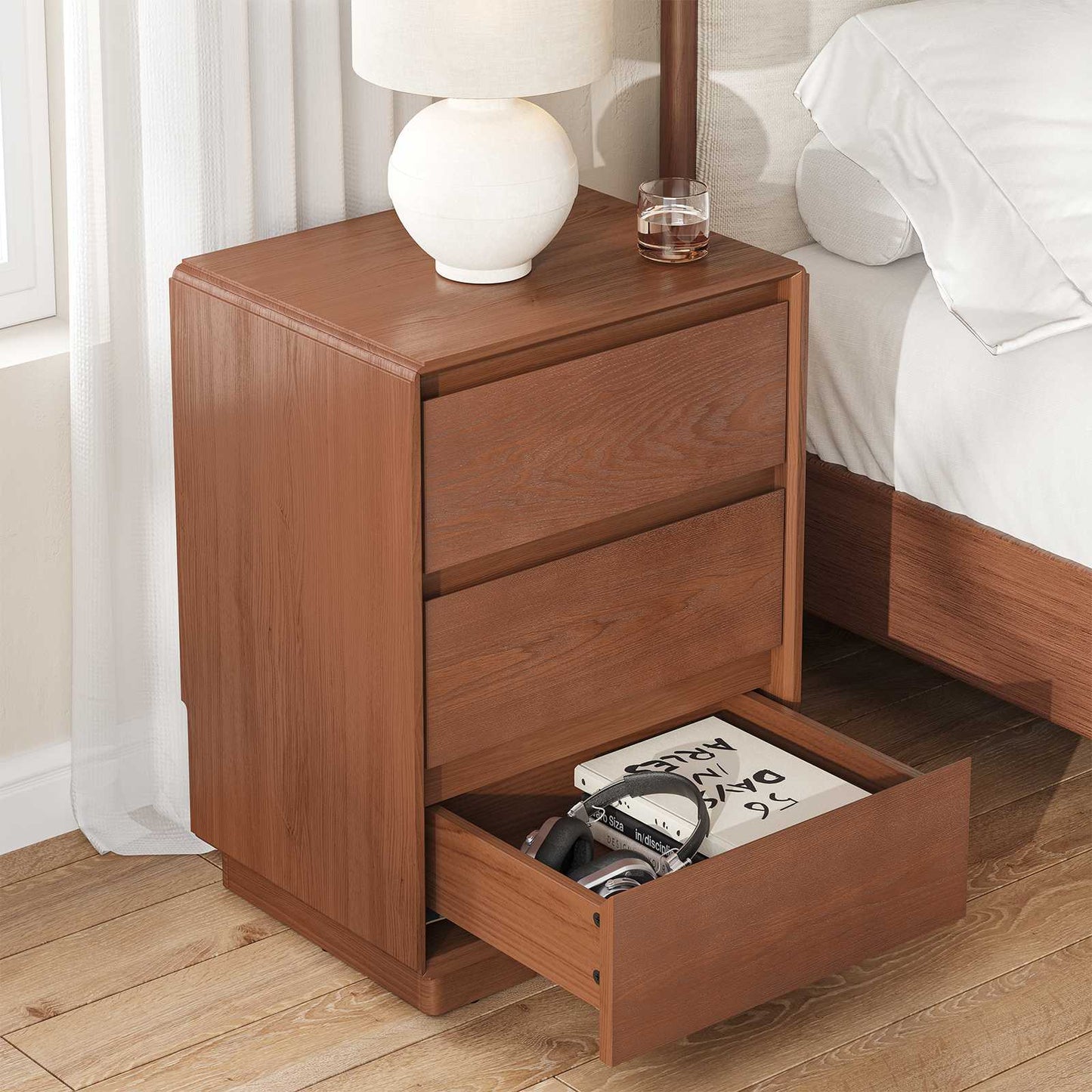 SUCSSRICH 25.8 Inch Solid Wood Nightstand with 3 Drawers Natural Wood Night Stand Mid Century Modern Nightstand with Storage