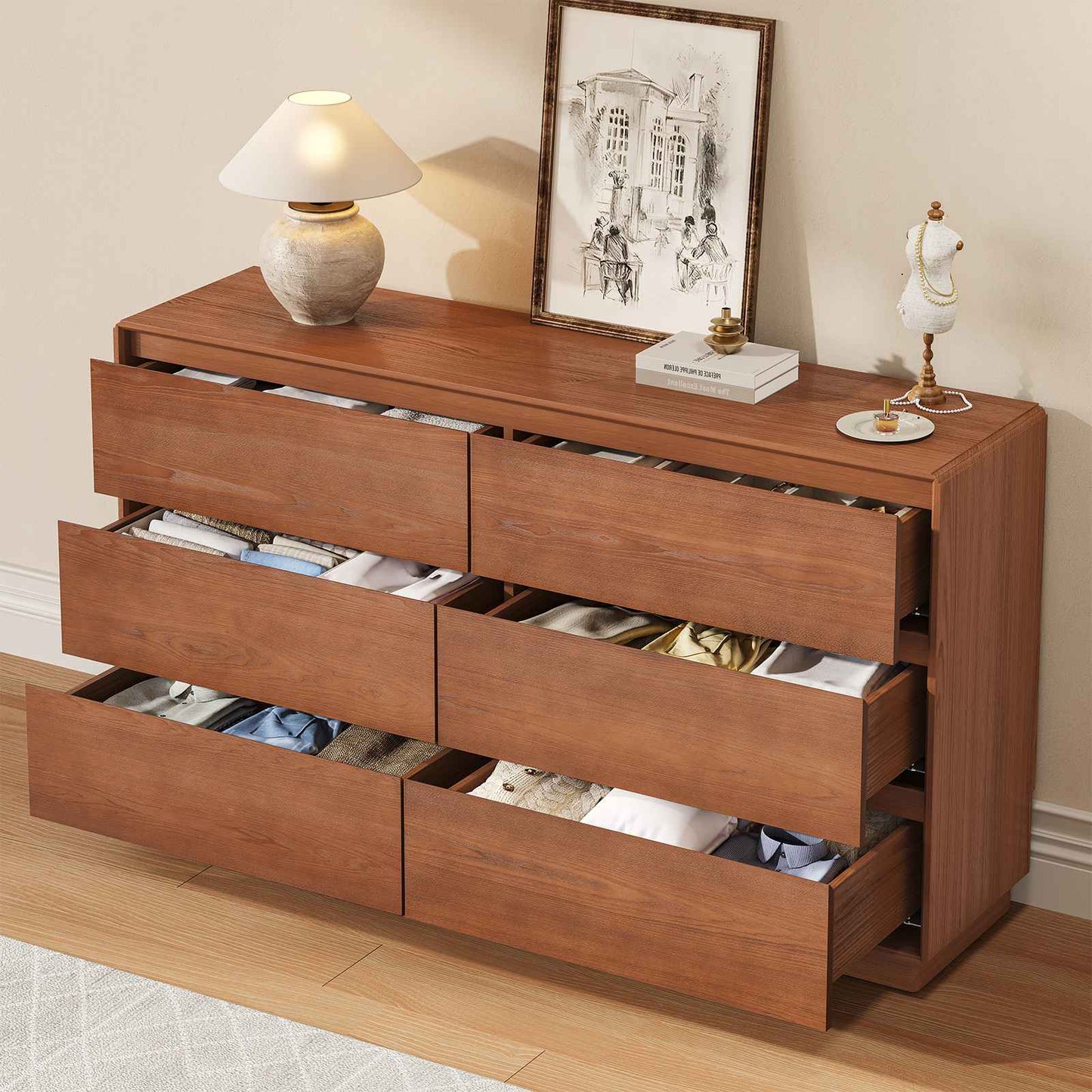 SUCSSRICH 55.2 Inch Solid Wood Dresser with 6 Drawers Natural Solid Wood Wide Dresser for Living Room Bedroom