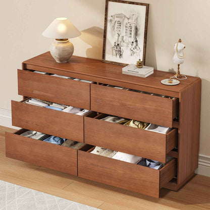 SUCSSRICH 55.2 Inch Solid Wood Dresser with 6 Drawers Natural Solid Wood Wide Dresser for Living Room Bedroom