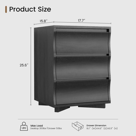 SUSSRISH Black Nightstand, Night Stand with 3 Drawers,Large Storage, Silent Slides, Wooden End Side Table