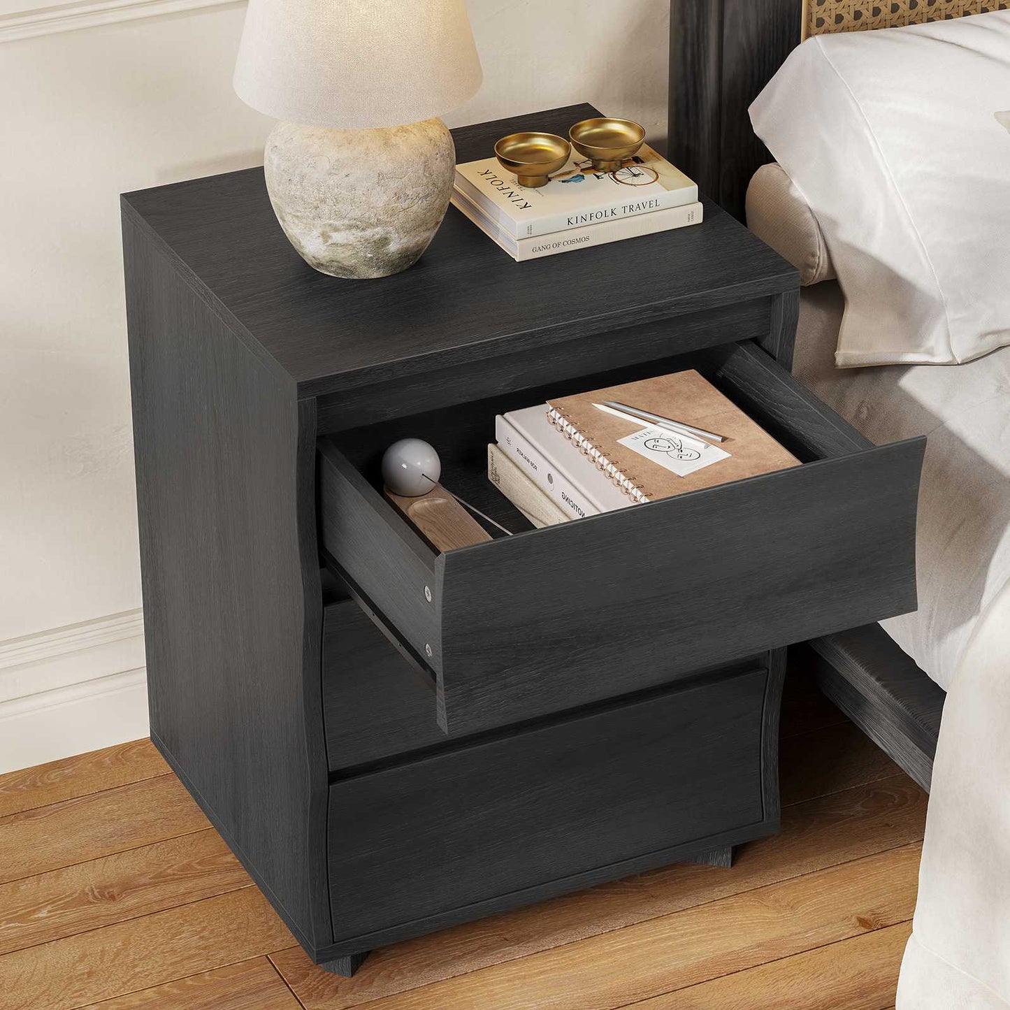 SUCSSRICH | Black Nightstand with 3 Drawers – Modern Bedside Table with Large Storage & Silent Slides, Wooden End Table for Bedroom
