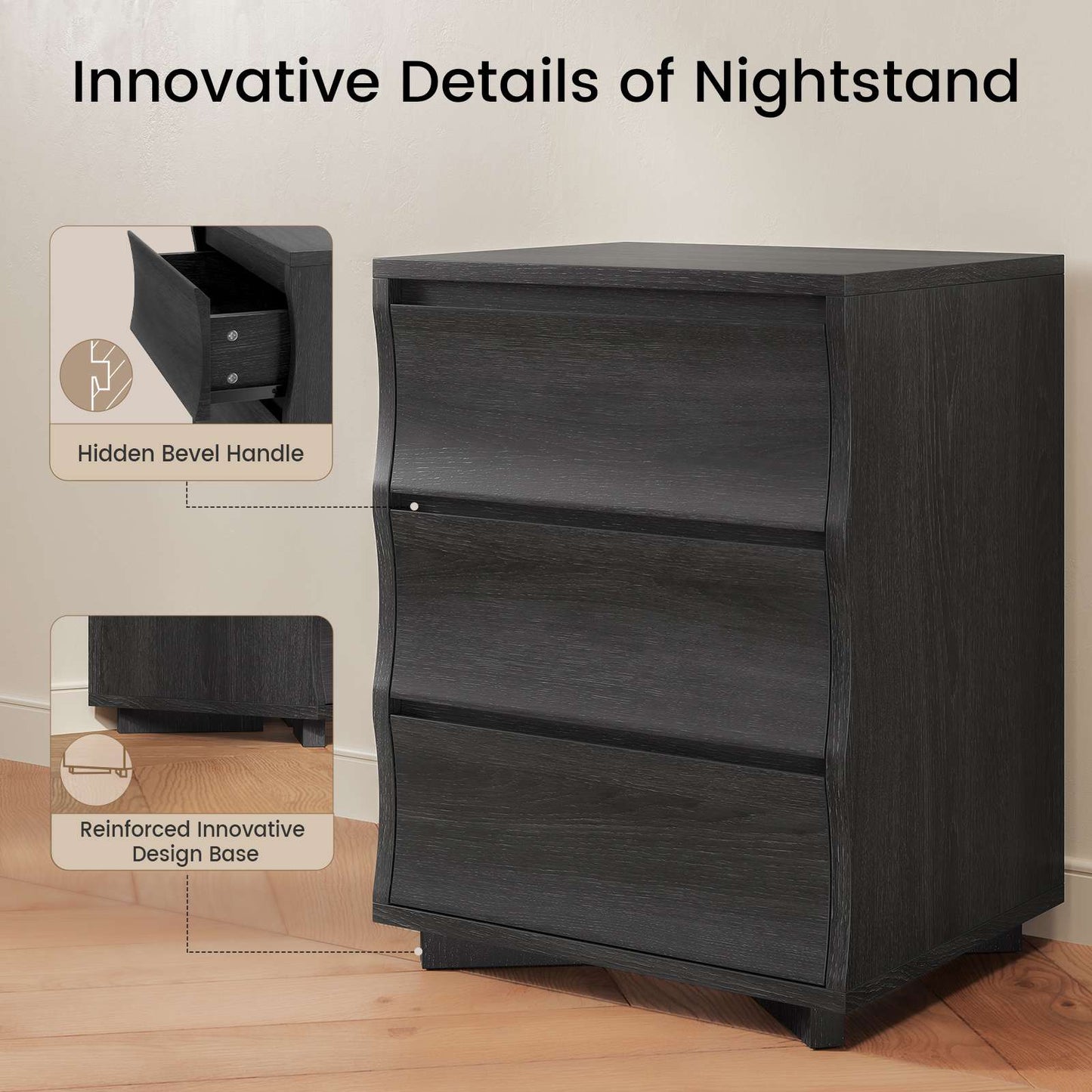 SUCSSRICH | Black Nightstand with 3 Drawers – Modern Bedside Table with Large Storage & Silent Slides, Wooden End Table for Bedroom