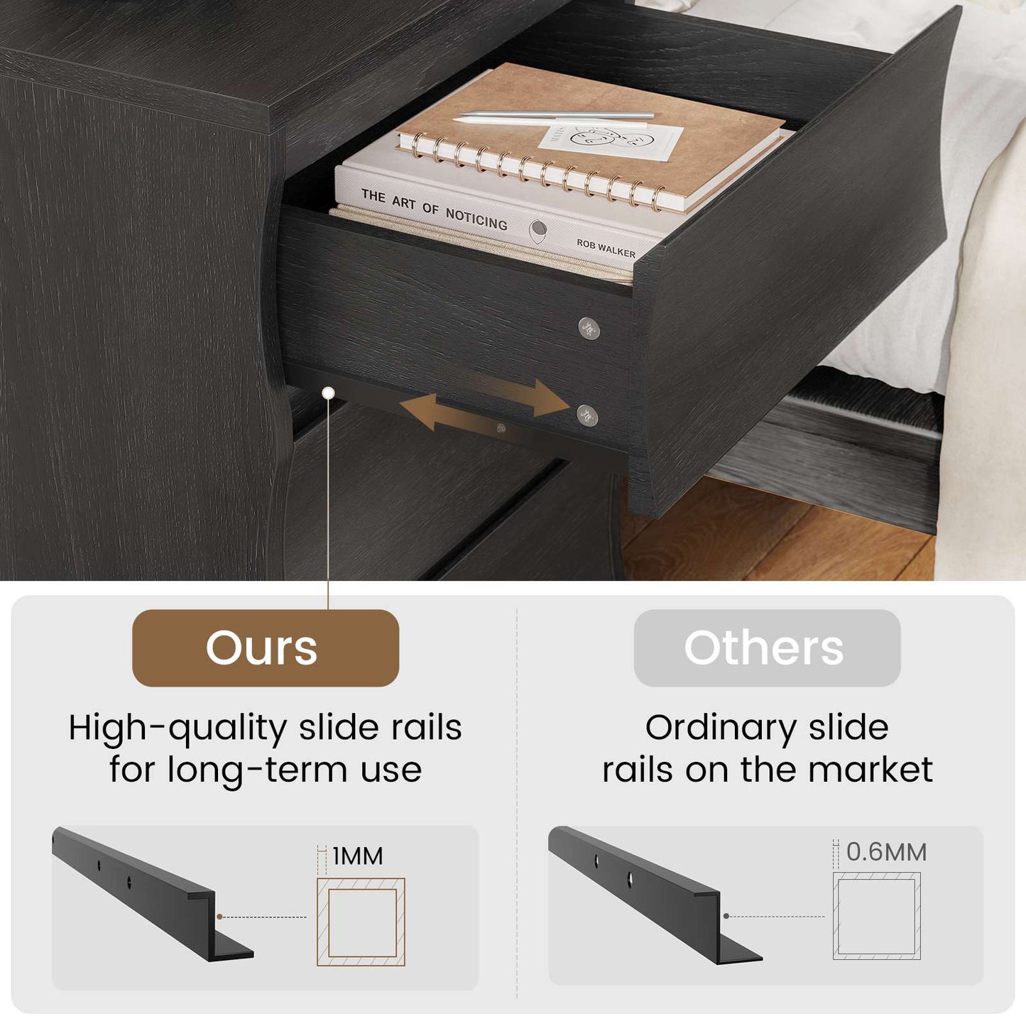 SUCSSRICH | Black Nightstand with 3 Drawers – Modern Bedside Table with Large Storage & Silent Slides, Wooden End Table for Bedroom