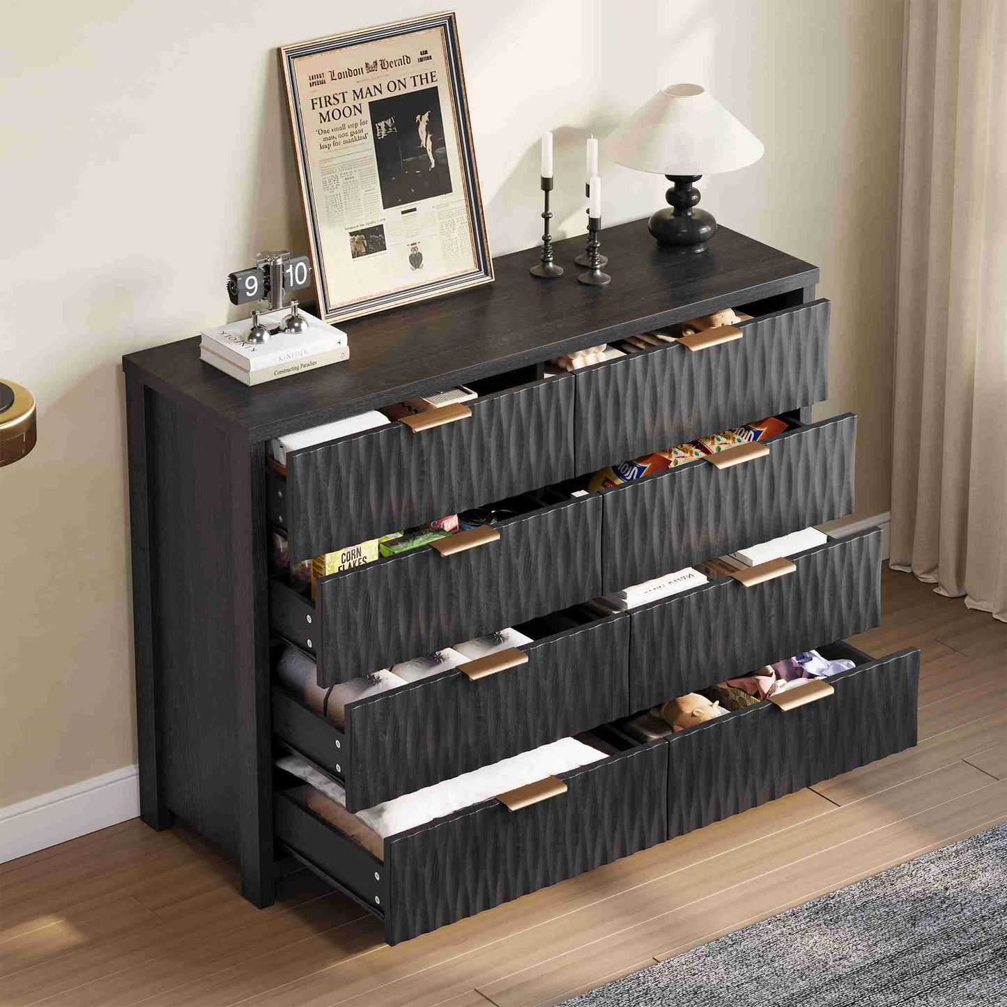 SUCSSRICH 46.9 Inch Dresser with 8 Drawers Wide Modern Chest of Drawers with Metal Handle Wood Dresser TV Stand Wood Storage Organizer for Bedroom Living Room