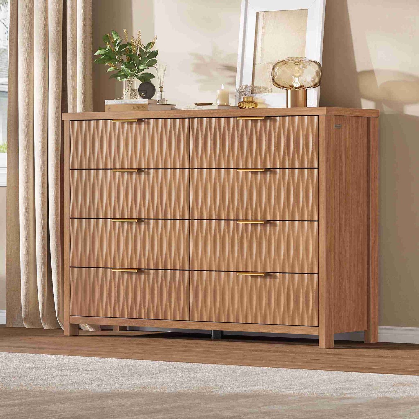 SUCSSRICH 46.9 Inch Dresser with 8 Drawers Wide Modern Chest of Drawers with Metal Handle Wood Dresser TV Stand Wood Storage Organizer for Bedroom Living Room