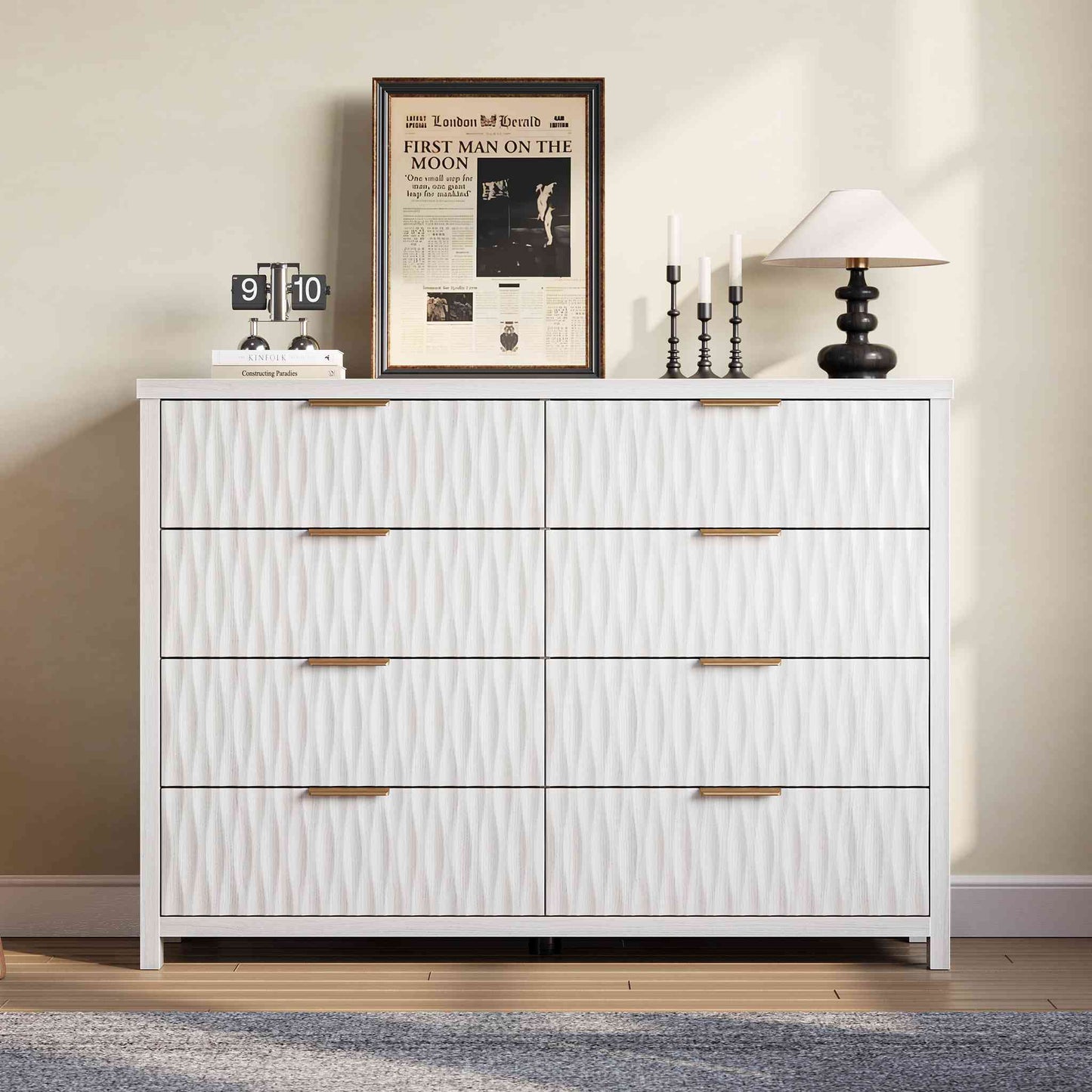 SUCSSRICH 46.9 Inch Dresser with 8 Drawers Wide Modern Chest of Drawers with Metal Handle Wood Dresser TV Stand Wood Storage Organizer for Bedroom Living Room White