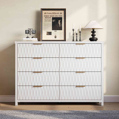 SUCSSRICH 46.9 Inch Dresser with 8 Drawers Wide Modern Chest of Drawers with Metal Handle Wood Dresser TV Stand Wood Storage Organizer for Bedroom Living Room White