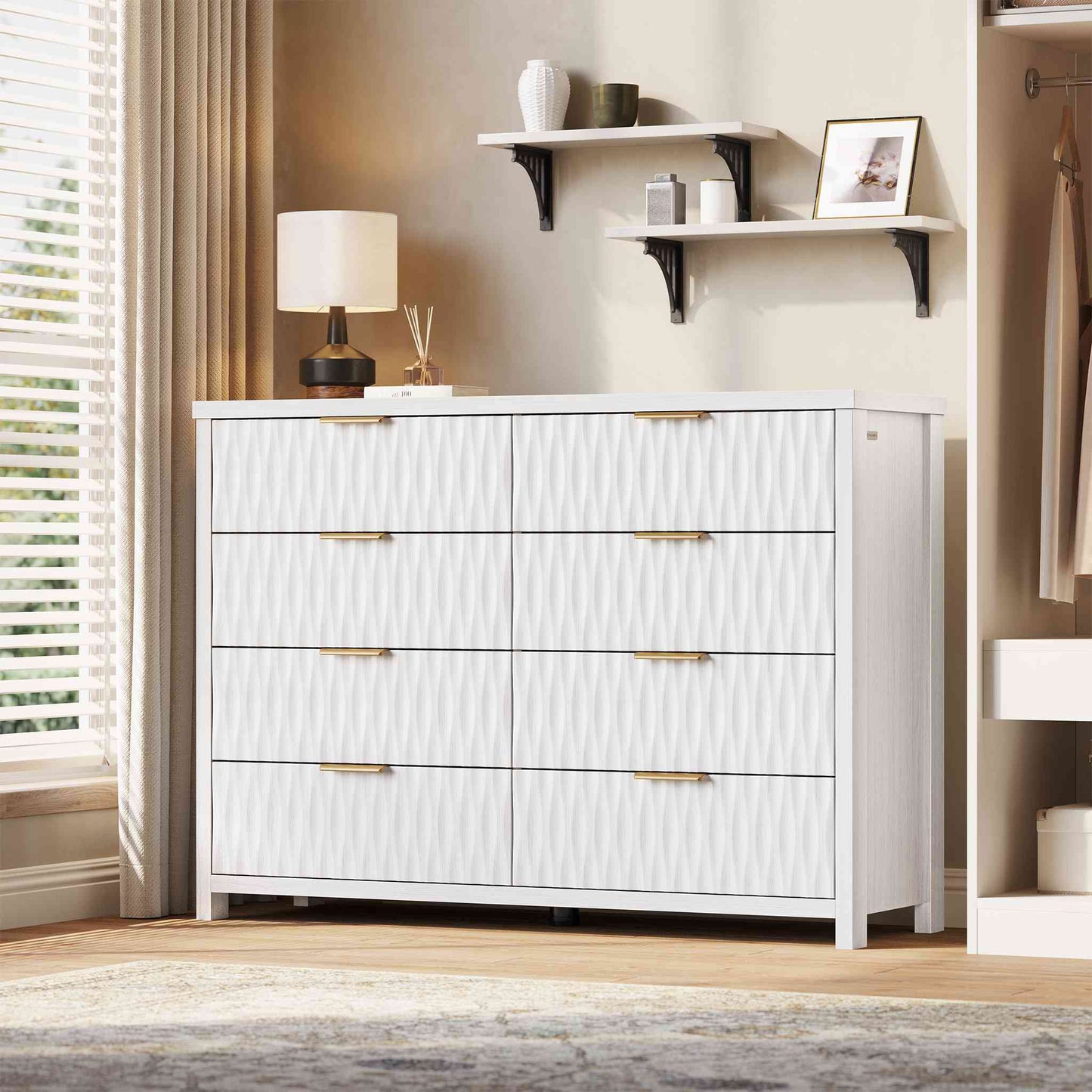 SUCSSRICH 46.9 Inch Dresser with 8 Drawers Wide Modern Chest of Drawers with Metal Handle Wood Dresser TV Stand Wood Storage Organizer for Bedroom Living Room