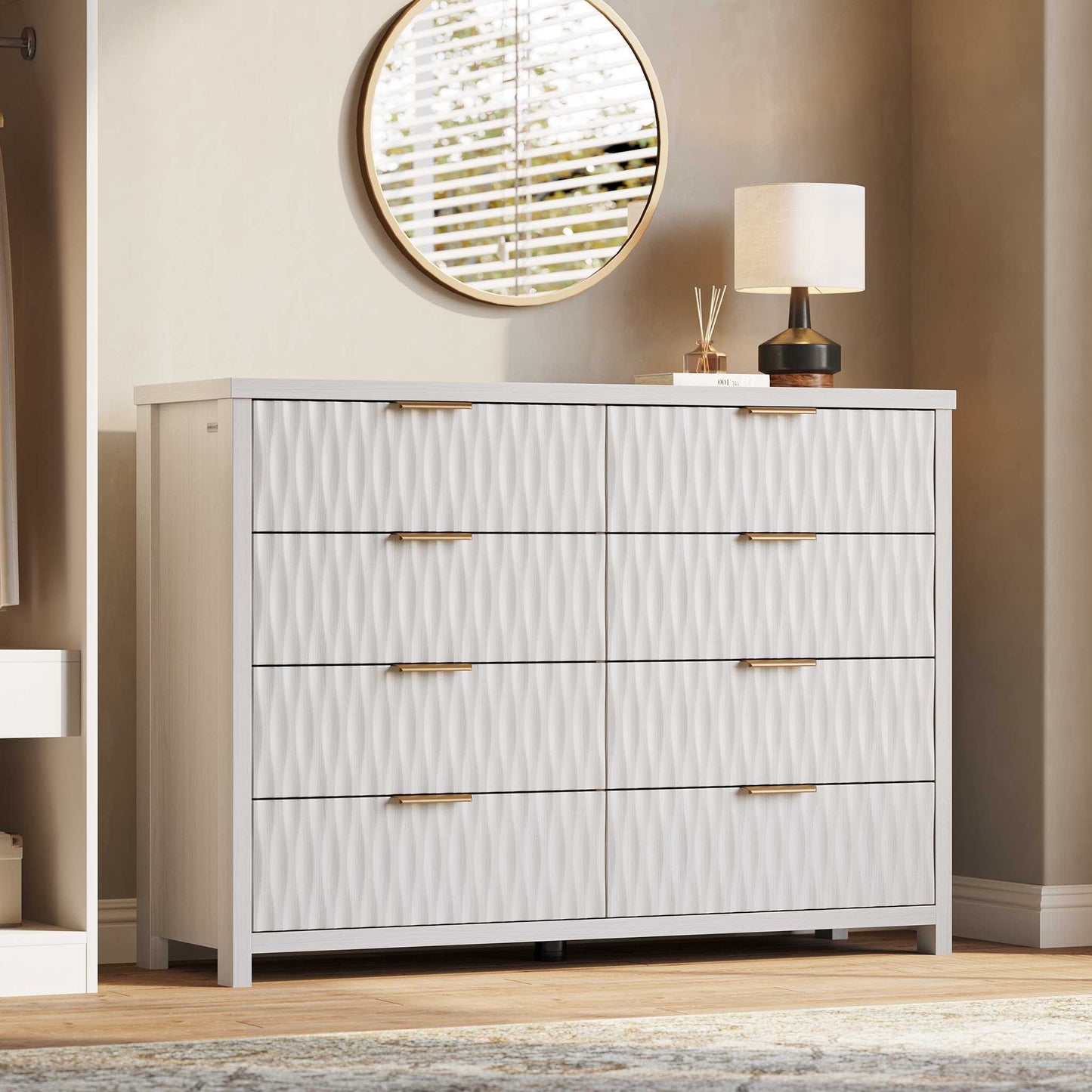 SUCSSRICH 46.9 Inch Dresser with 8 Drawers Wide Modern Chest of Drawers with Metal Handle Wood Dresser TV Stand Wood Storage Organizer for Bedroom Living Room White