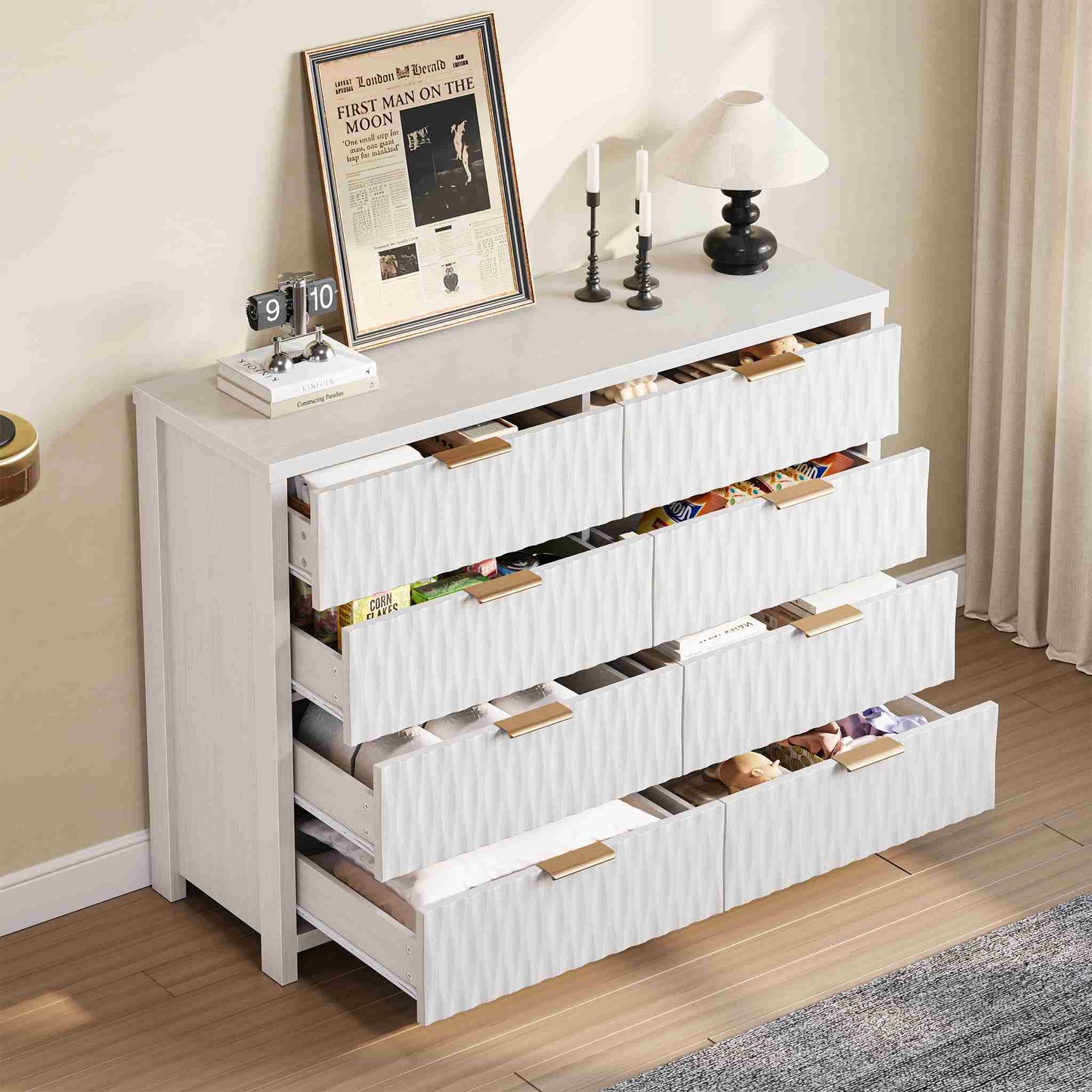 SUCSSRICH 46.9 Inch Dresser with 8 Drawers Wide Modern Chest of Drawers with Metal Handle Wood Dresser TV Stand Wood Storage Organizer for Bedroom Living Room White