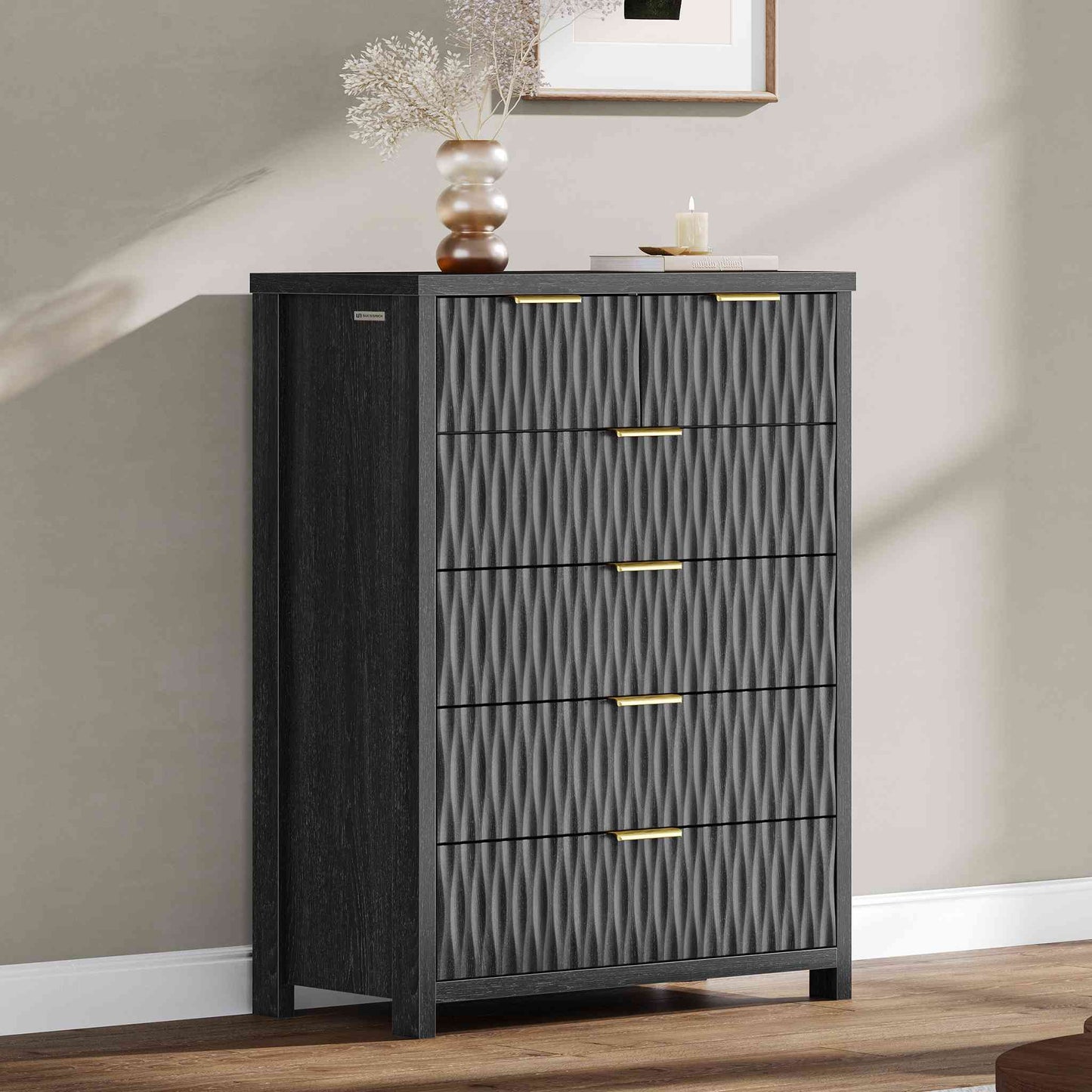 SUCSSRICH 43.7 Inch Dresser with 6 Drawers Tall Drawers for Bedroom Modern Chest of Wood Drawer Organizer for Living Room Hallway Entryway