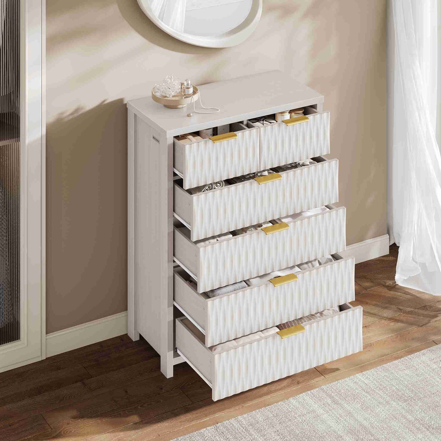 SUCSSRICH 43.7 Inch Dresser with 6 Drawers Tall Drawers for Bedroom Modern Chest of Wood Drawer Organizer for Living Room Hallway Entryway