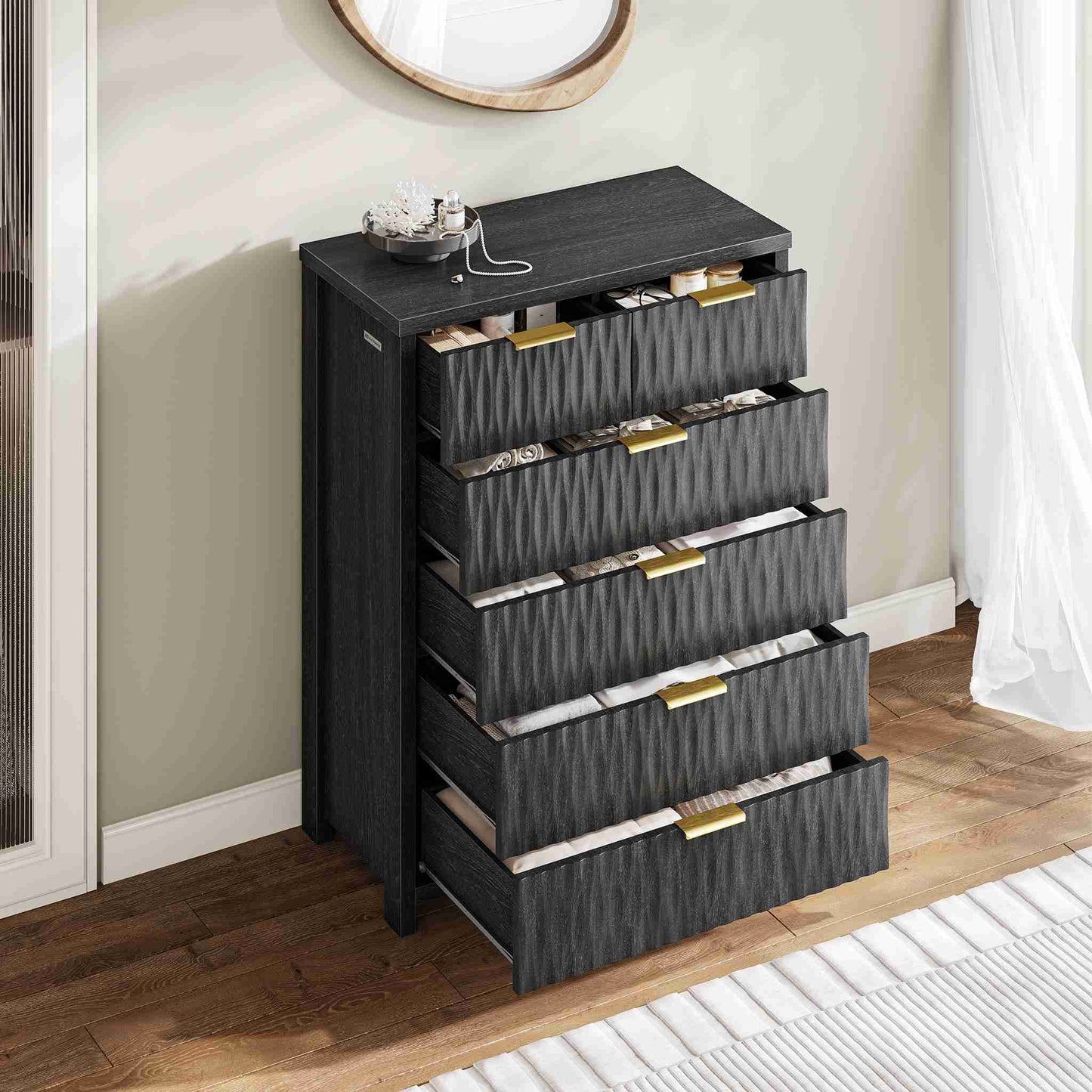 SUCSSRICH 43.7 Inch Dresser with 6 Drawers Tall Drawers for Bedroom Modern Chest of Wood Drawer Organizer for Living Room Hallway Entryway