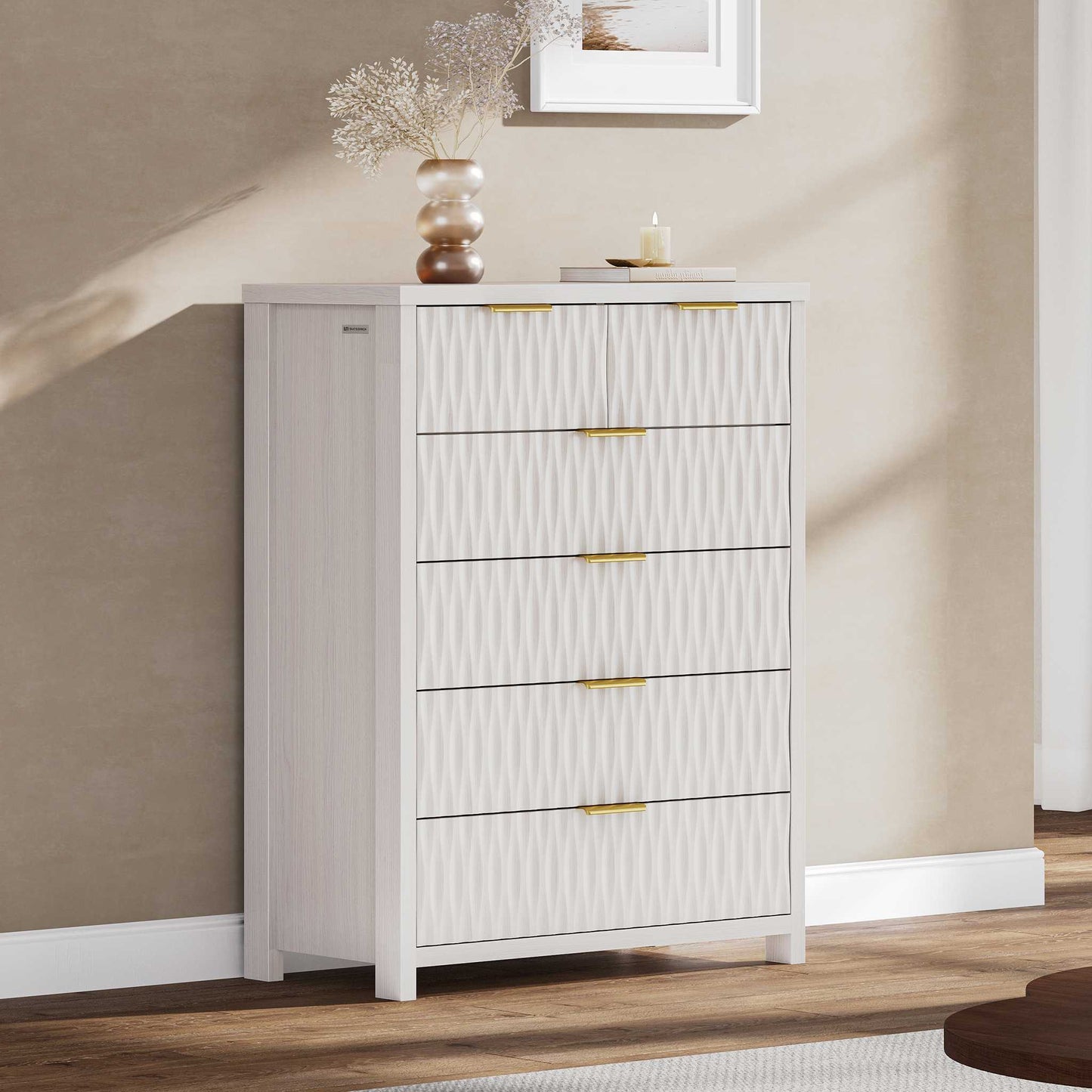 SUCSSRICH 43.7 Inch Dresser with 6 Drawers Tall Drawers for Bedroom Modern Chest of Wood Drawer Organizer for Living Room Hallway Entryway