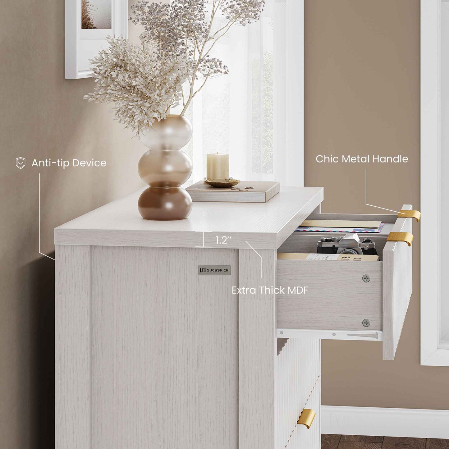 SUCSSRICH 43.7 Inch Dresser with 6 Drawers Tall Drawers for Bedroom Modern Chest of Wood Drawer Organizer for Living Room Hallway Entryway