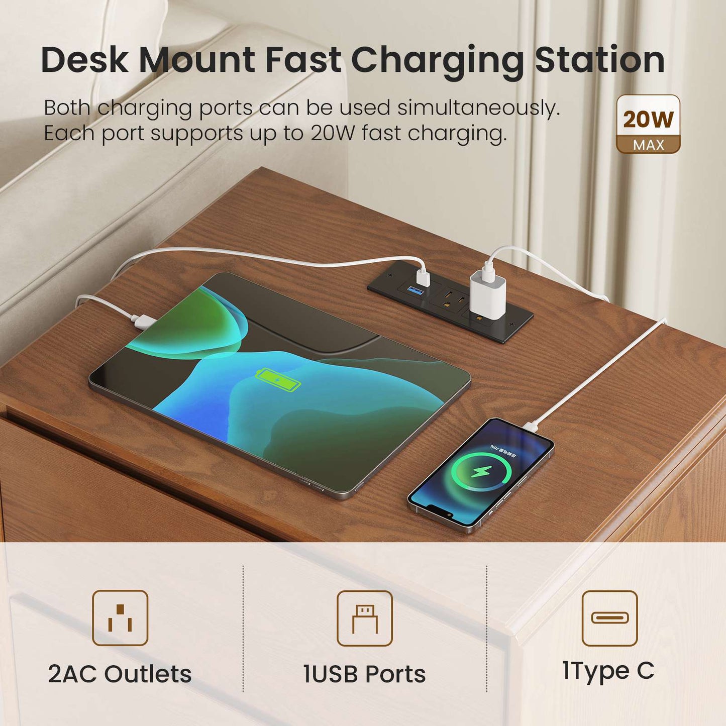 SUCSSRICH 25.8 Inch Solid Wood Nightstand with 2 Drawers and with Charging Station Natural Wood Night Stand Bedside Table