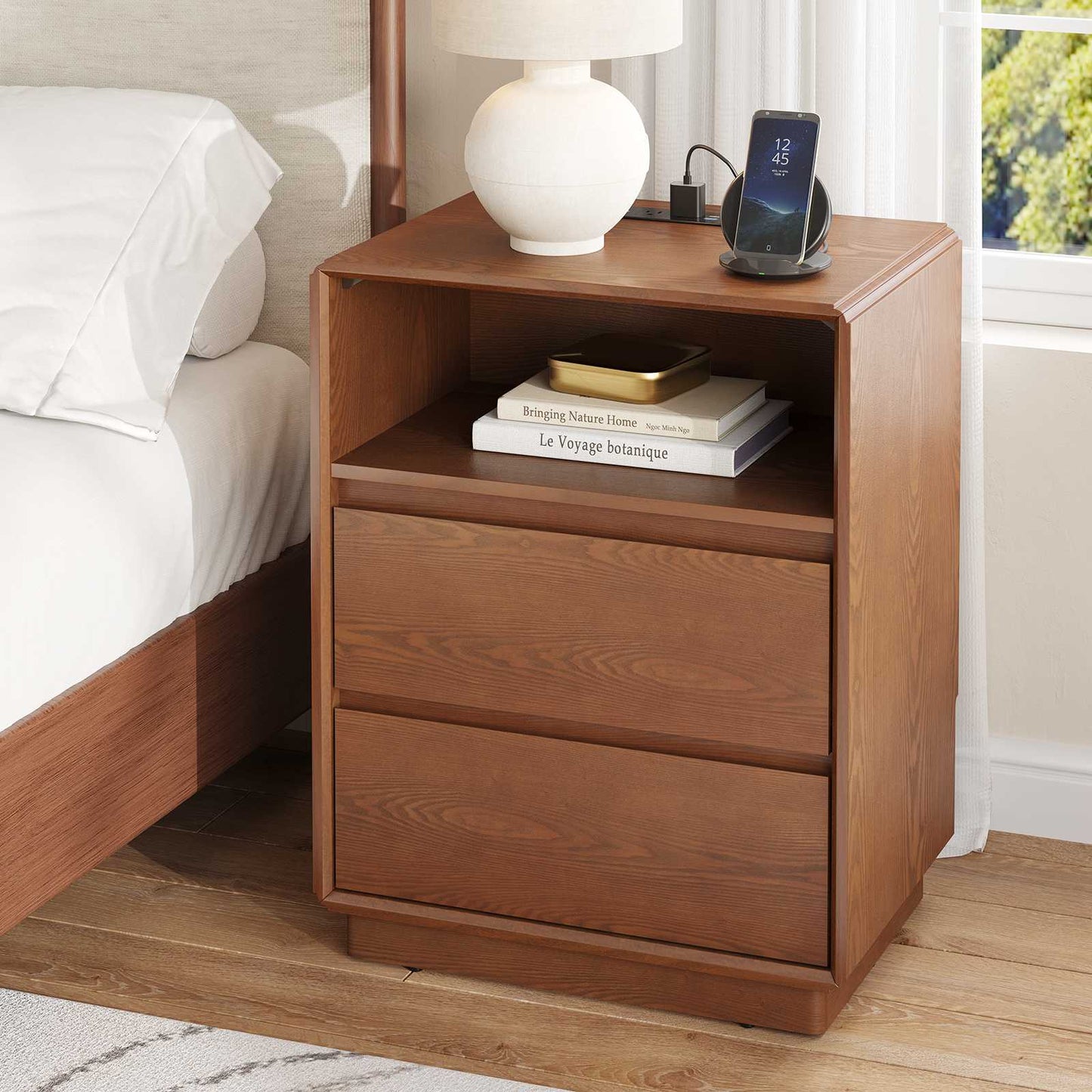 SUCSSRICH 25.8 Inch Solid Wood Nightstand with 2 Drawers and with Charging Station Natural Wood Night Stand Bedside Table