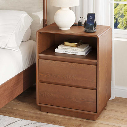 SUCSSRICH 25.8 Inch Solid Wood Nightstand with 2 Drawers and with Charging Station Natural Wood Night Stand Bedside Table