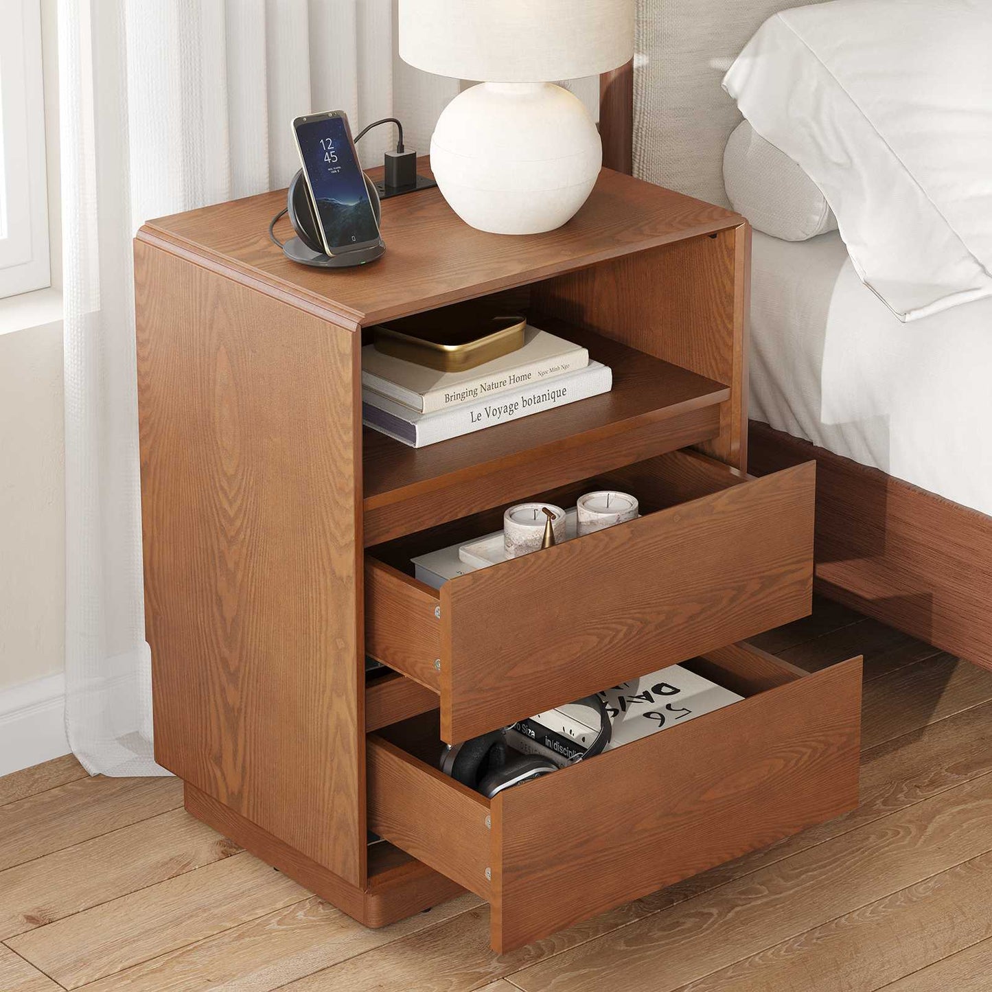 SUCSSRICH 25.8 Inch Solid Wood Nightstand with 2 Drawers and with Charging Station Natural Wood Night Stand Bedside Table
