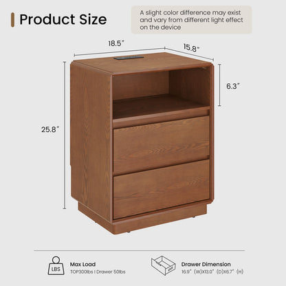SUCSSRICH 25.8 Inch Solid Wood Nightstand with 2 Drawers and with Charging Station Natural Wood Night Stand Bedside Table