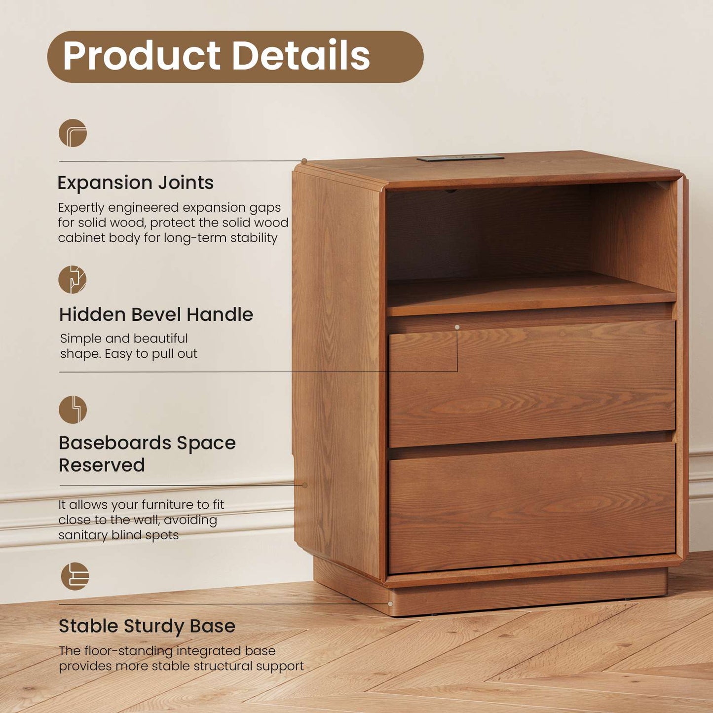 SUCSSRICH 25.8 Inch Solid Wood Nightstand with 2 Drawers and with Charging Station Natural Wood Night Stand Bedside Table
