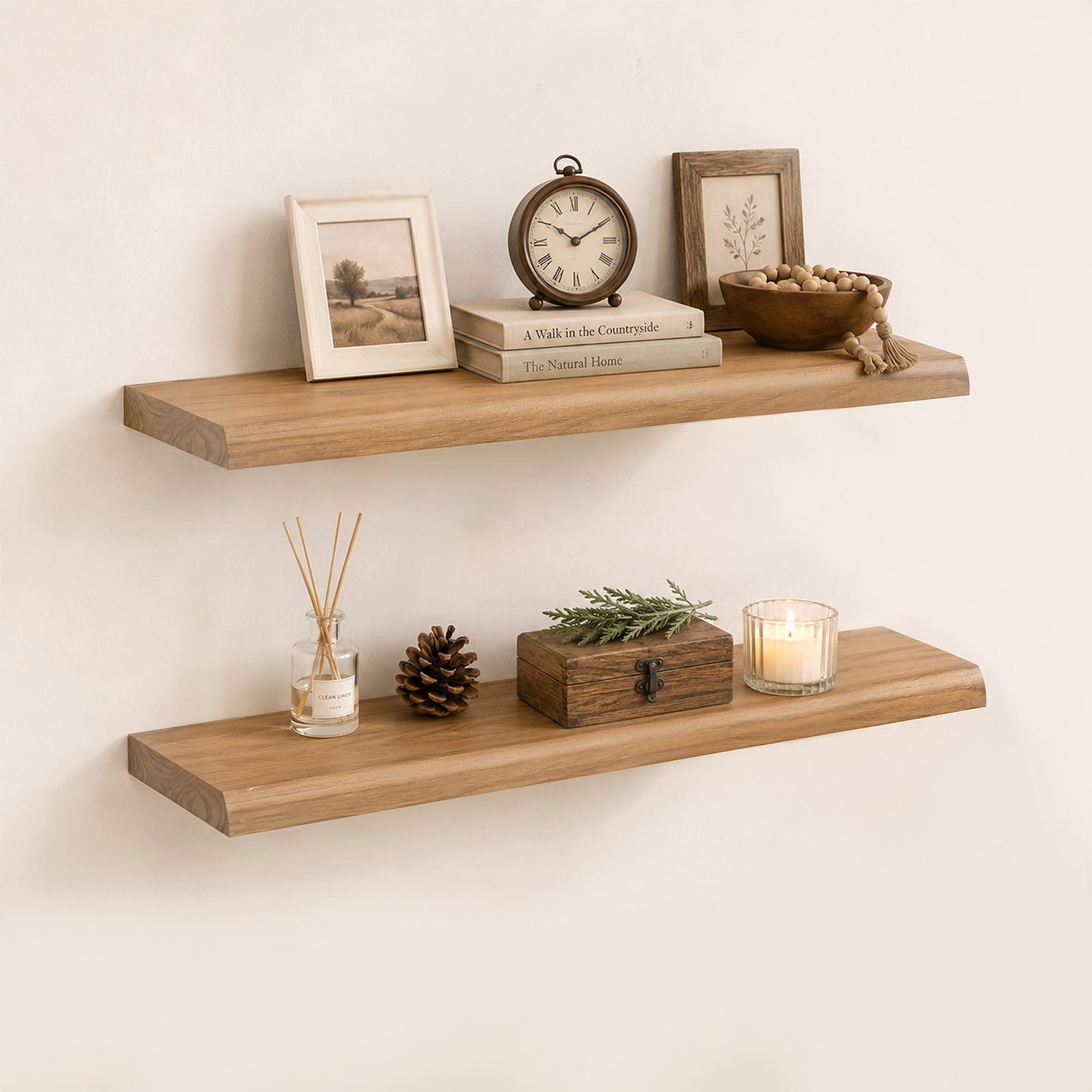 SUCSSRICH | 32 Inch Solid Wood Floating Shelves Set of 2, Natural Wall Shelves for Living Room