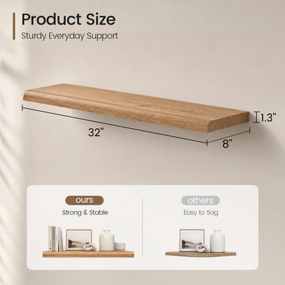 SUCSSRICH | 32 Inch Solid Wood Floating Shelves Set of 2, Natural Wall Shelves for Living Room
