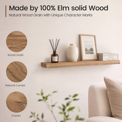 SUCSSRICH | 32 Inch Solid Wood Floating Shelves Set of 2, Natural Wall Shelves for Living Room