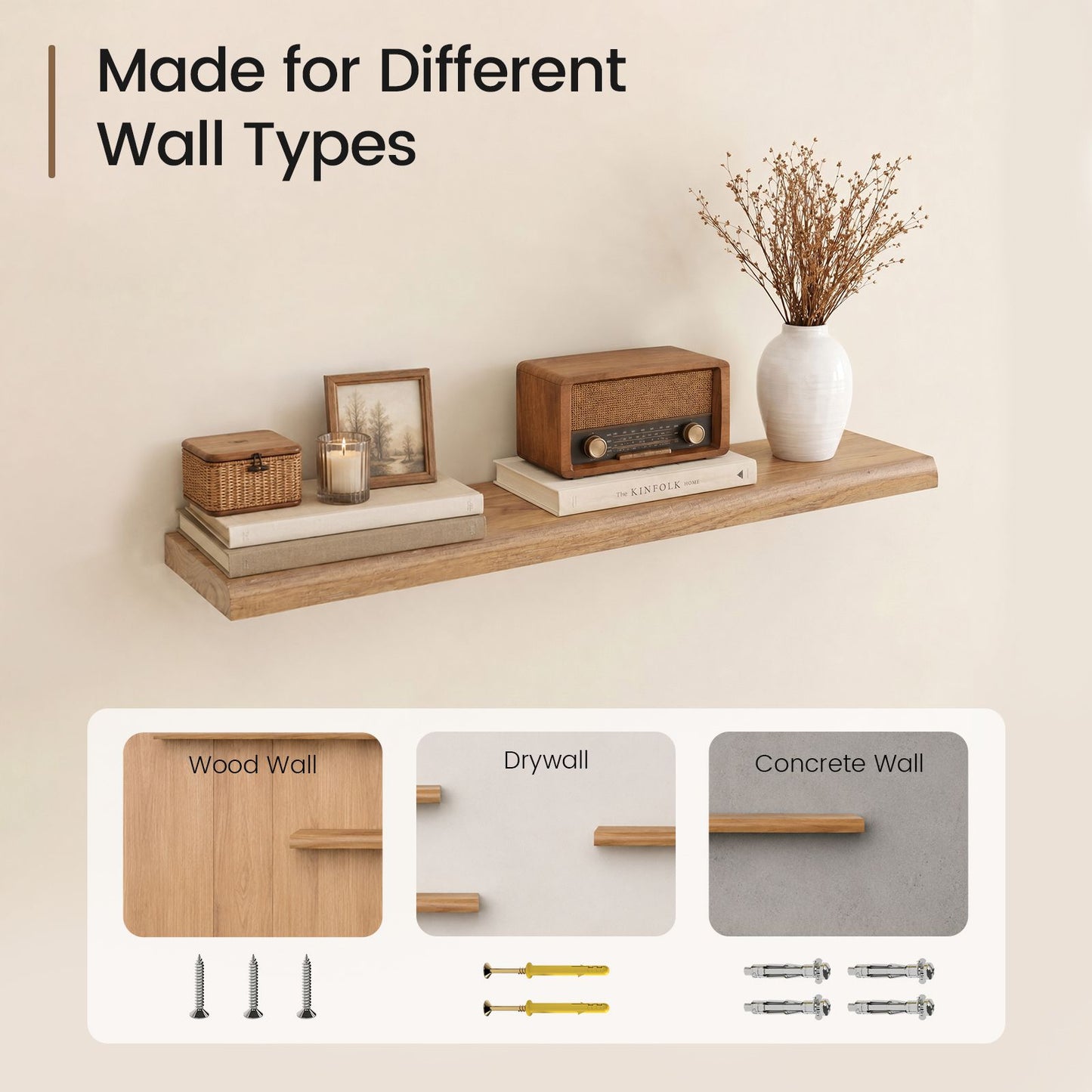 SUCSSRICH | 32 Inch Solid Wood Floating Shelves Set of 2, Natural Wall Shelves for Living Room