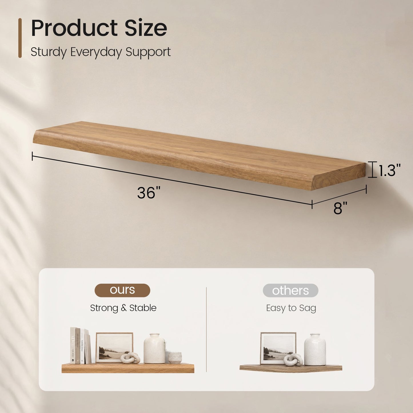 SUCSSRICH | 36 Inch Solid Wood Floating Shelves Set of 2, Natural Wall Shelves for Living Room