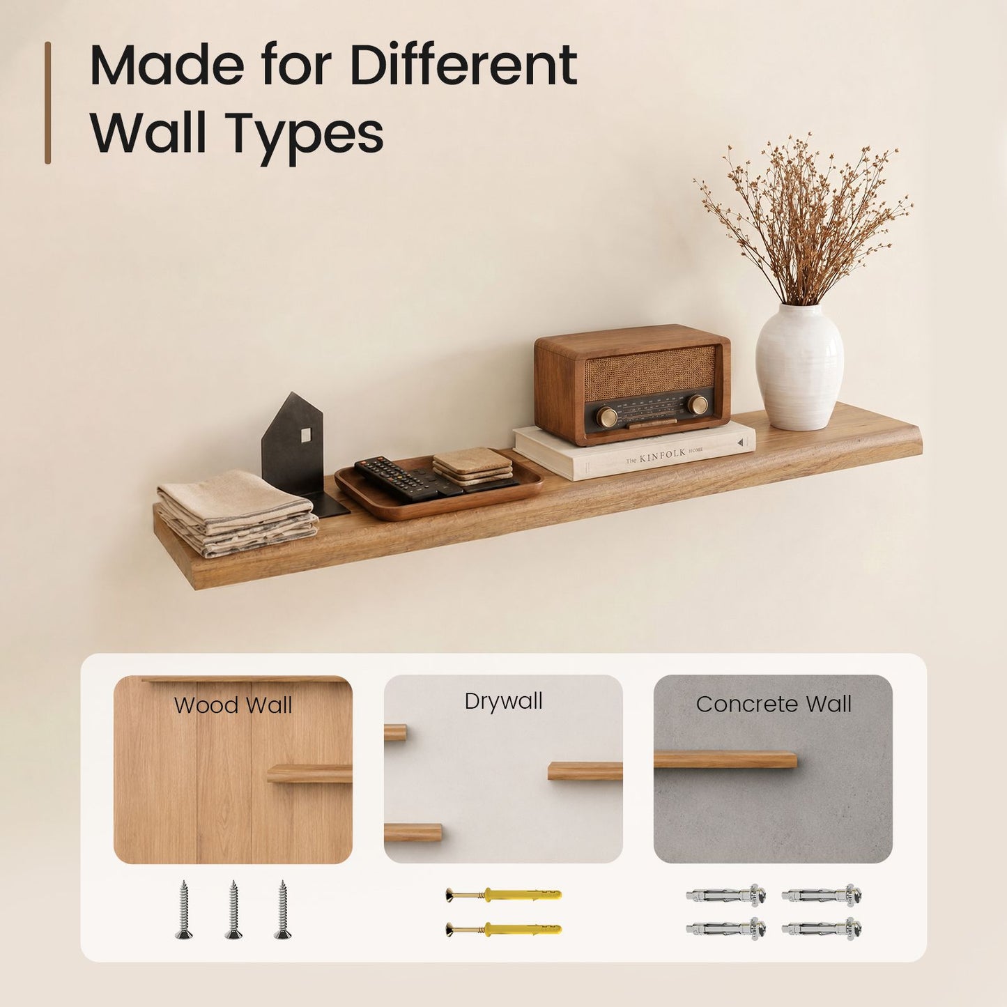 SUCSSRICH | 36 Inch Solid Wood Floating Shelves Set of 2, Natural Wall Shelves for Living Room